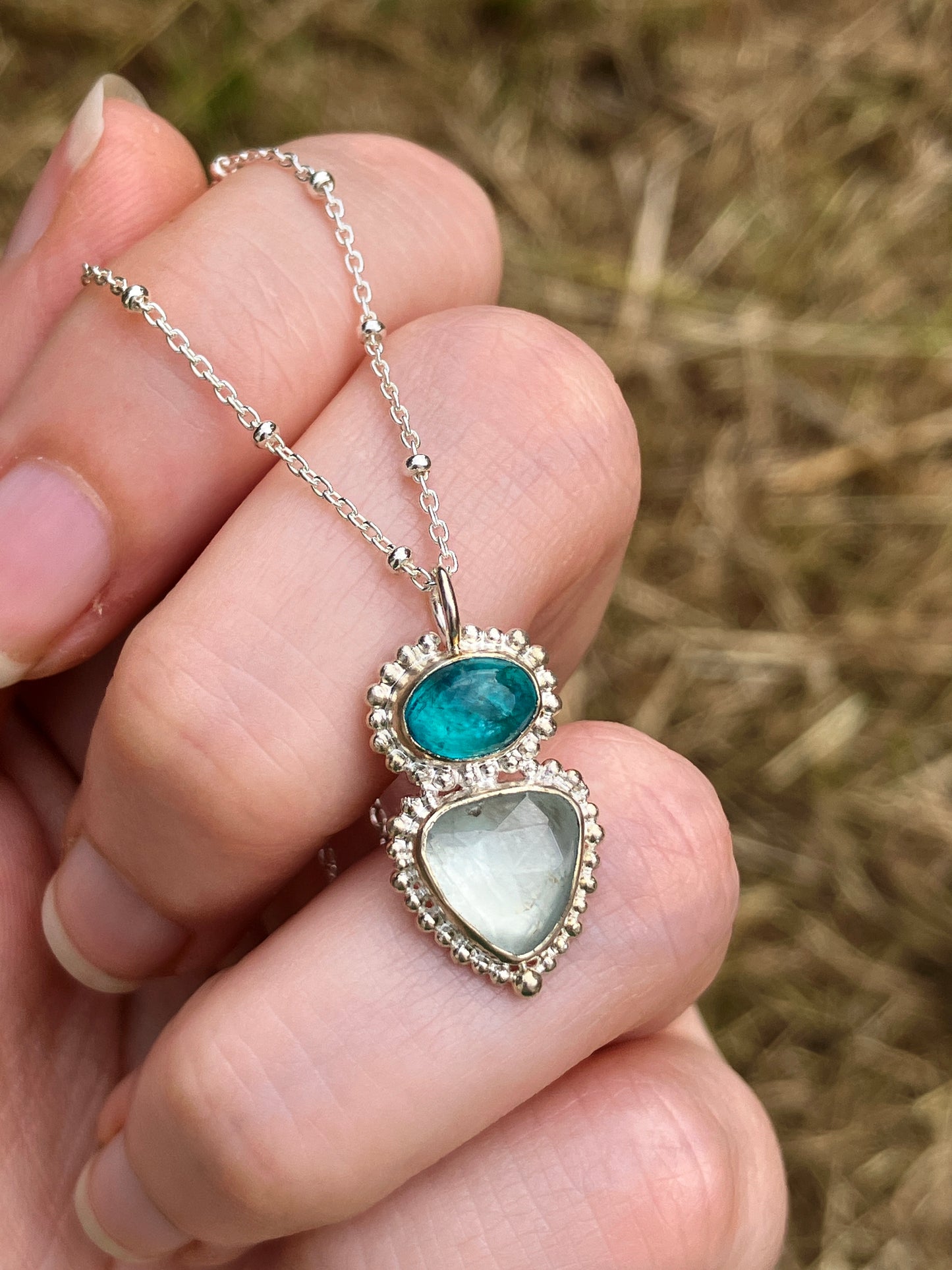 Apatite, Aquamarine and Recycled Sterling Silver Pendant Necklace with Granulation Details on Sterling Silver Chain