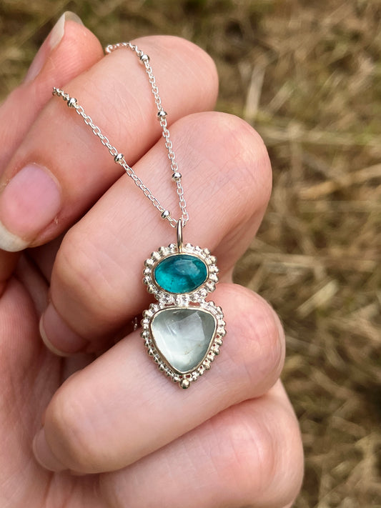 Apatite, Aquamarine and Recycled Sterling Silver Pendant Necklace with Granulation Details on Sterling Silver Chain
