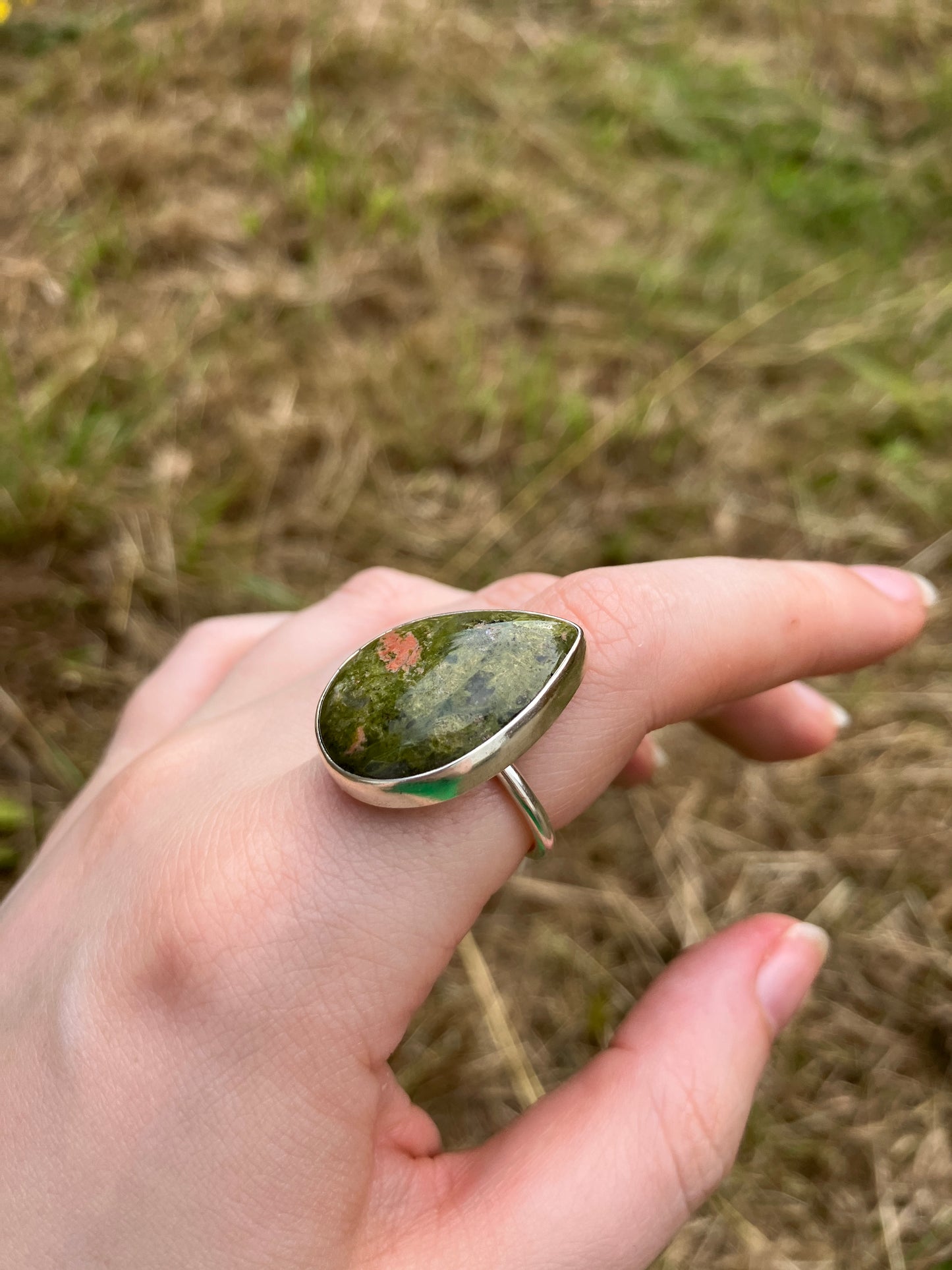 Unakite and Sterling Silver Ring - UK Size P