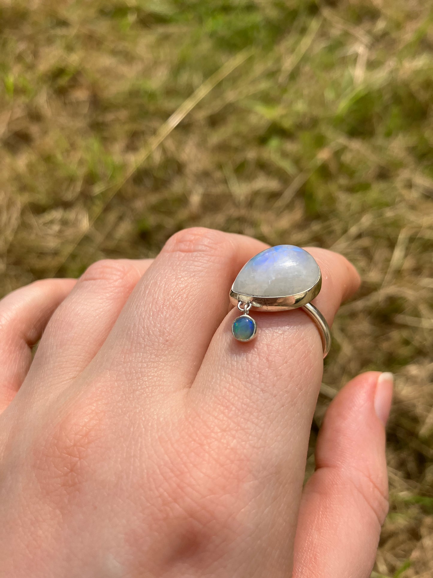 Rainbow Moonstone, Opal and Sterling Silver Ring - UK Size M