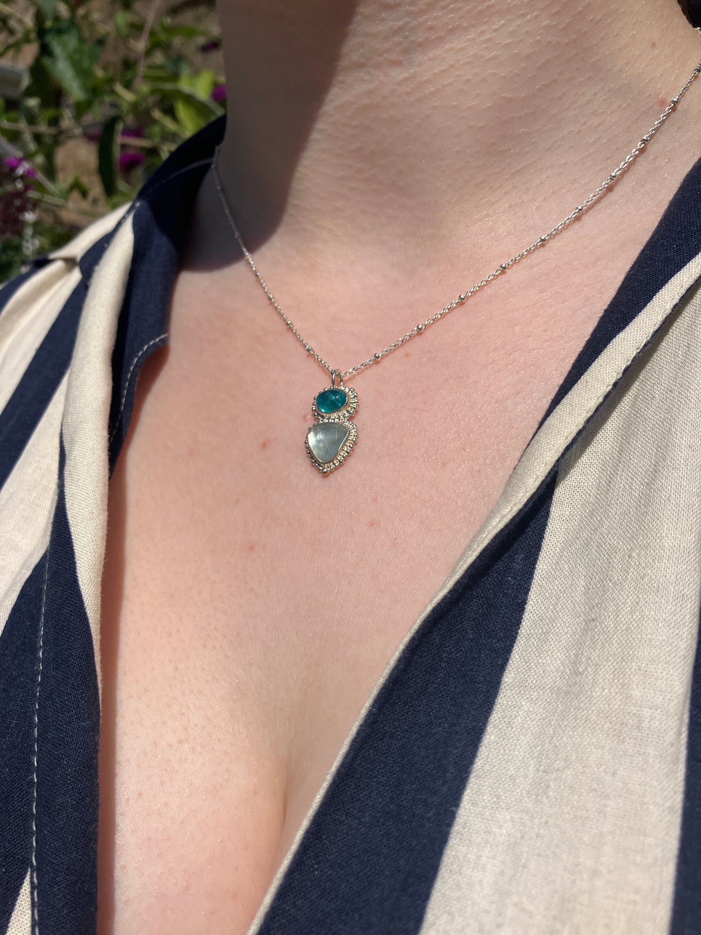 Apatite, Aquamarine and Recycled Sterling Silver Pendant Necklace with Granulation Details on Sterling Silver Chain