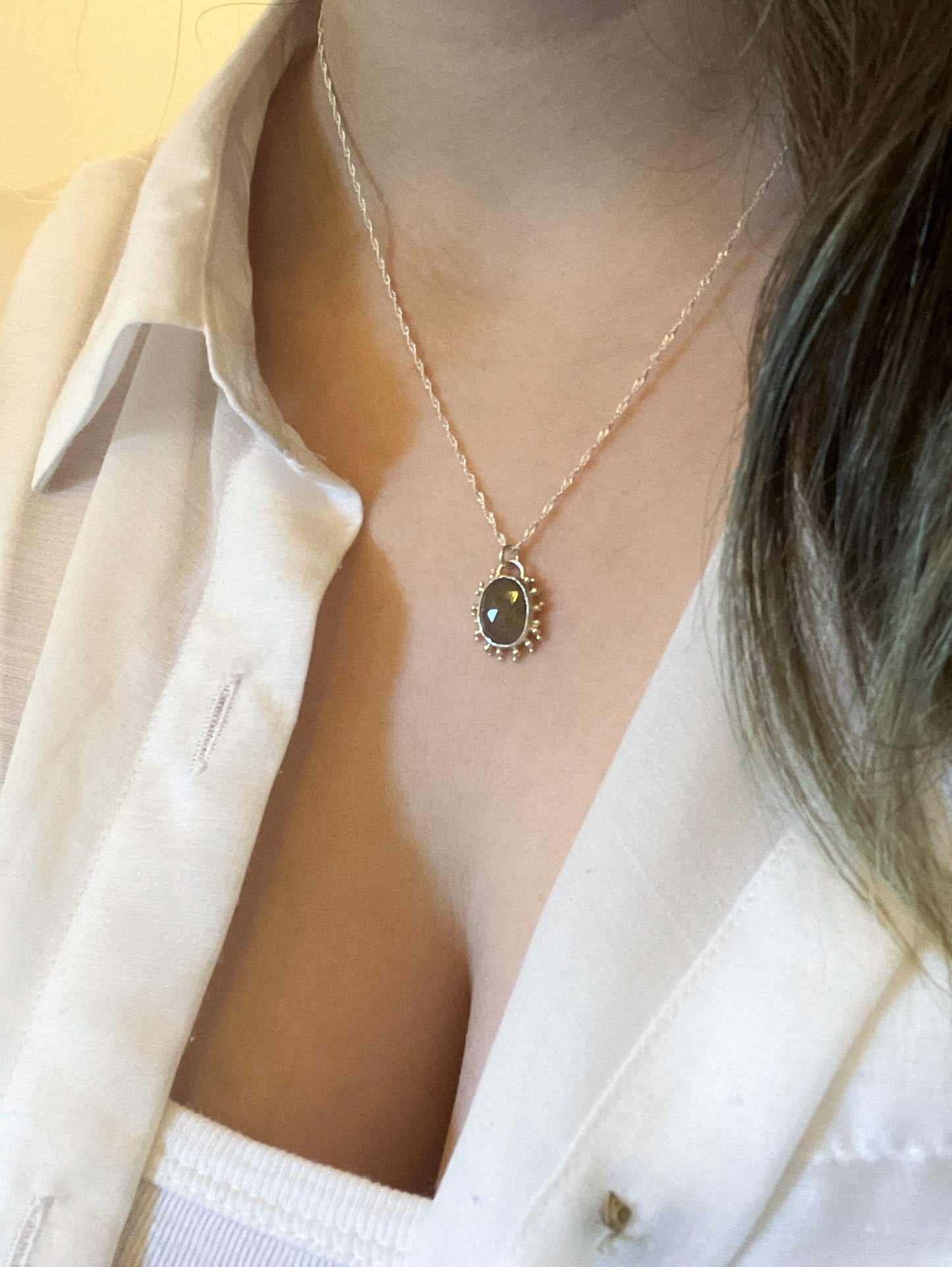 Moss Agate and Sterling Silver Pendant Necklace with Granulation Detail