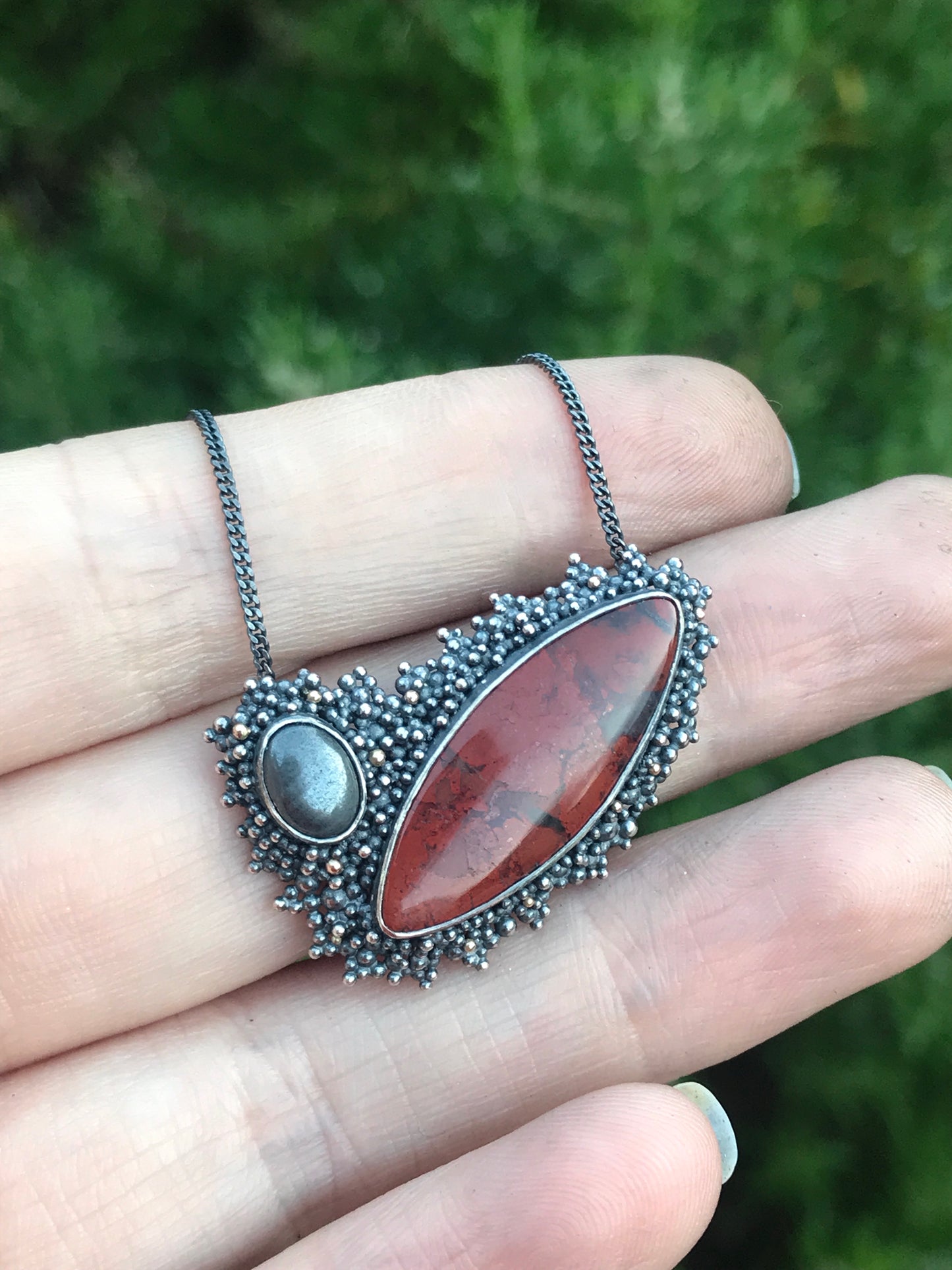 Sekhmet Necklace - Brecciated Jasper and Hematite Sterling Silver Granulation Necklace with 9ct Gold Details