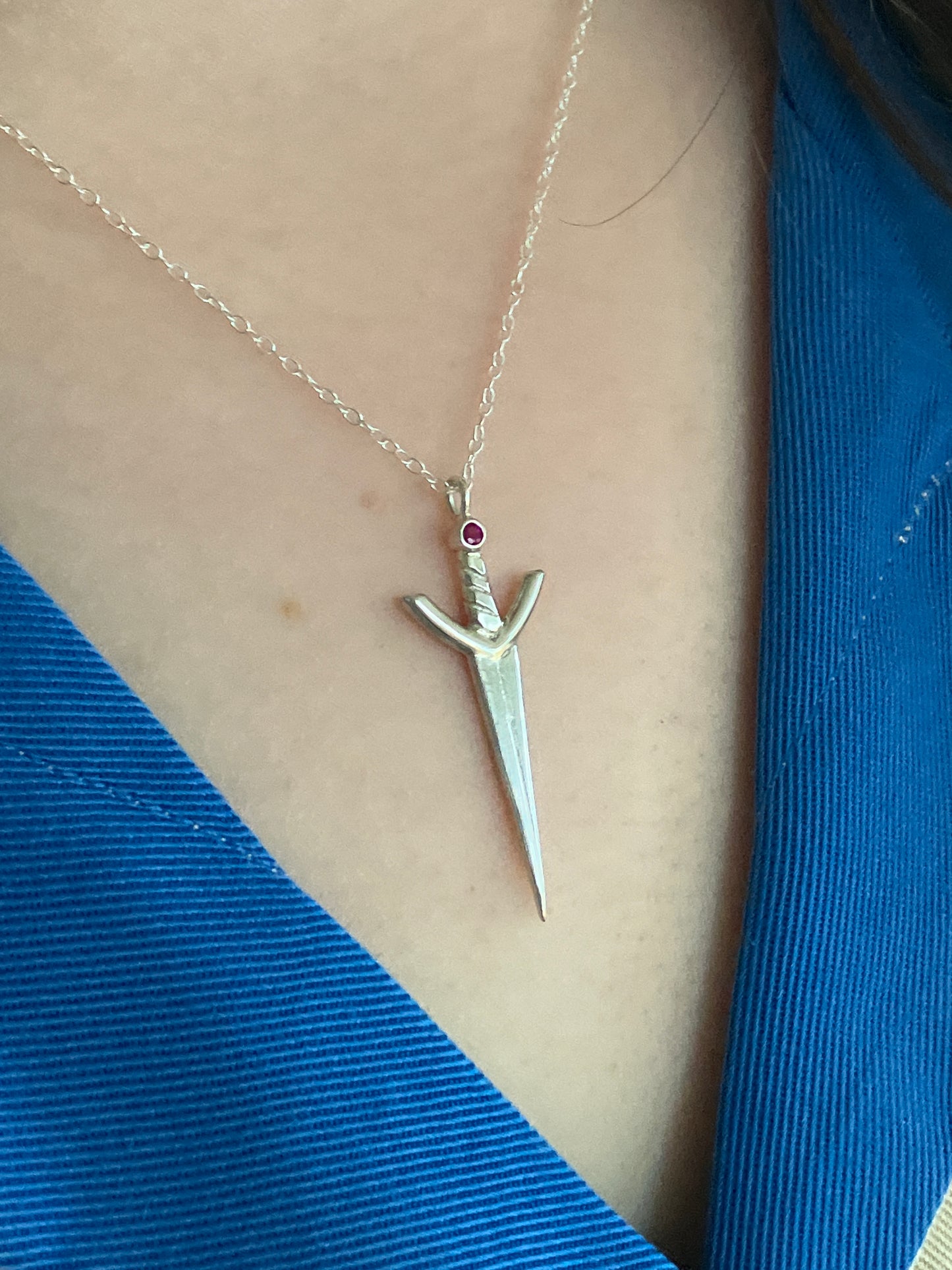 Sterling Silver and Ruby Sword Pendant Necklace