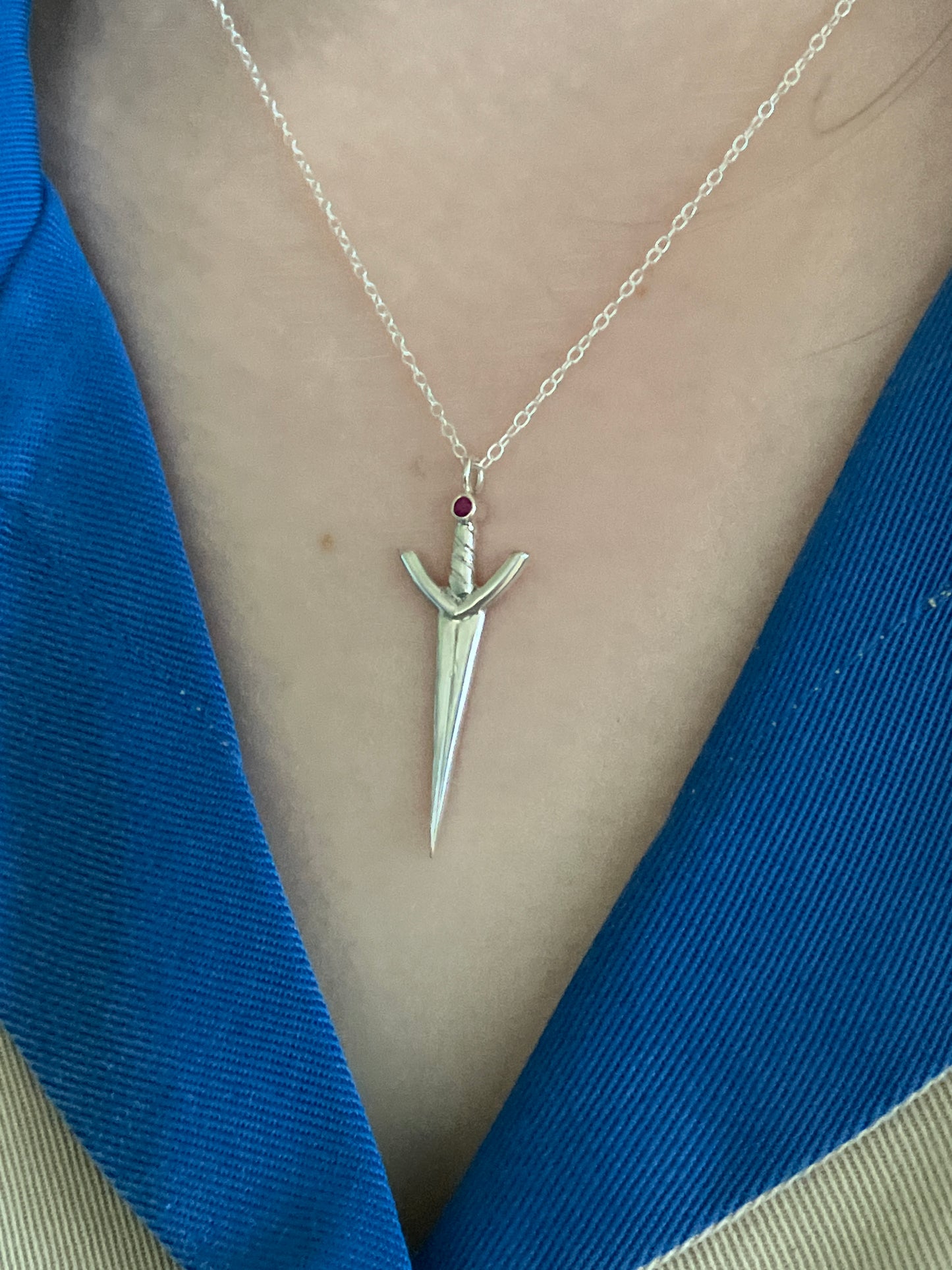 Sterling Silver and Ruby Sword Pendant Necklace