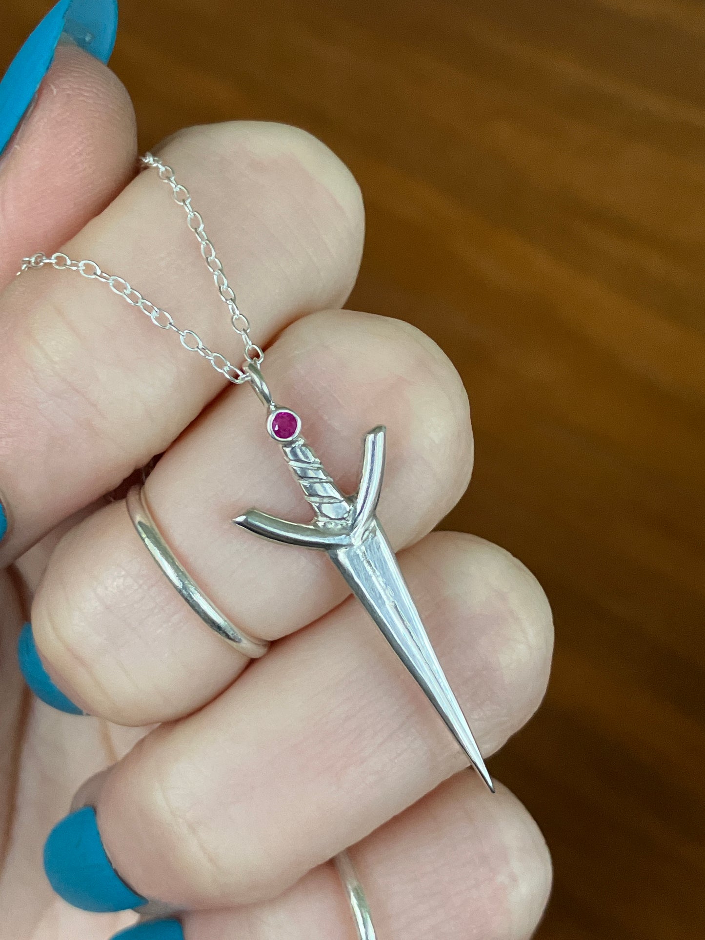 Sterling Silver and Ruby Sword Pendant Necklace