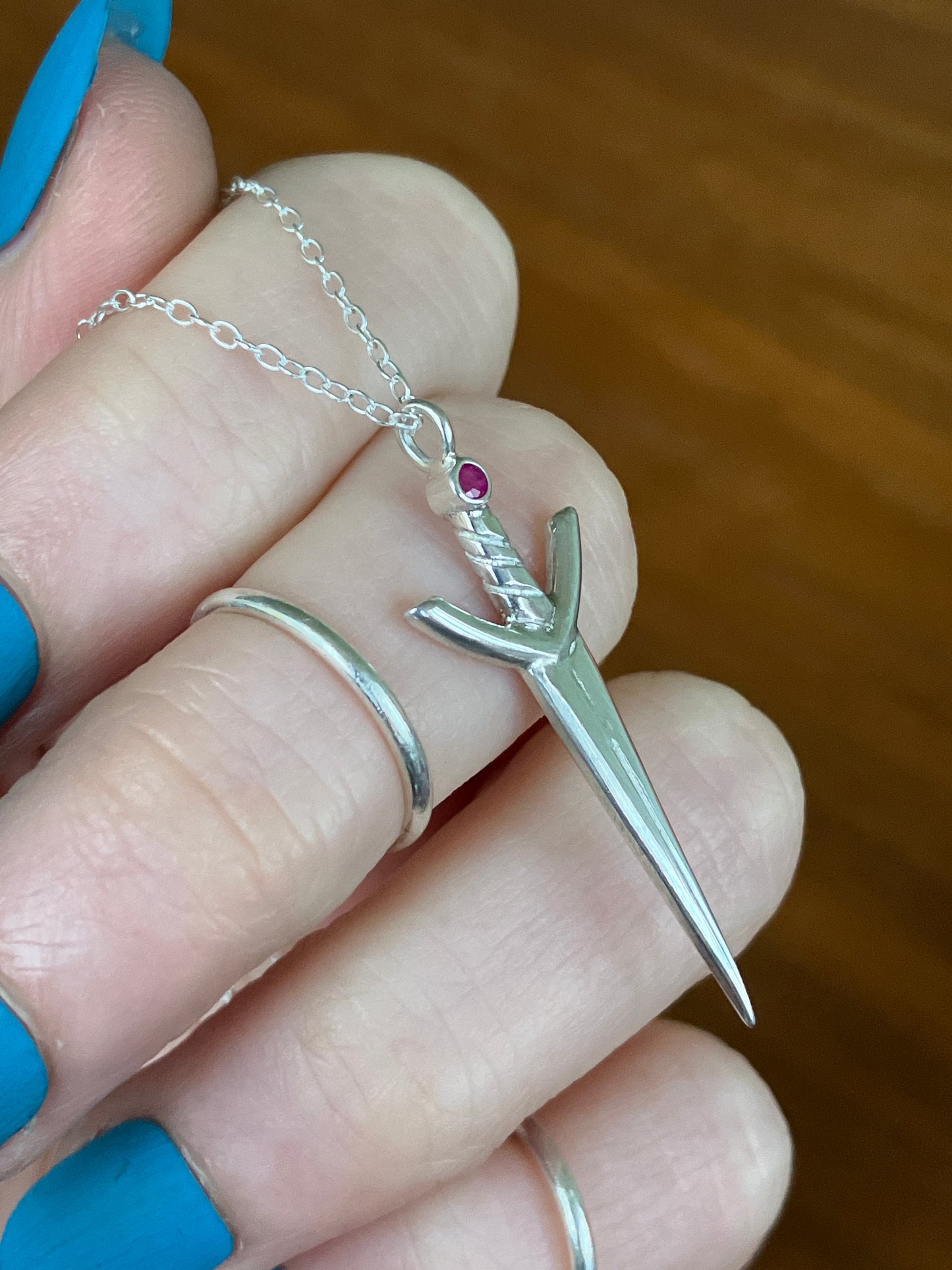 Sterling Silver and Ruby Sword Pendant Necklace