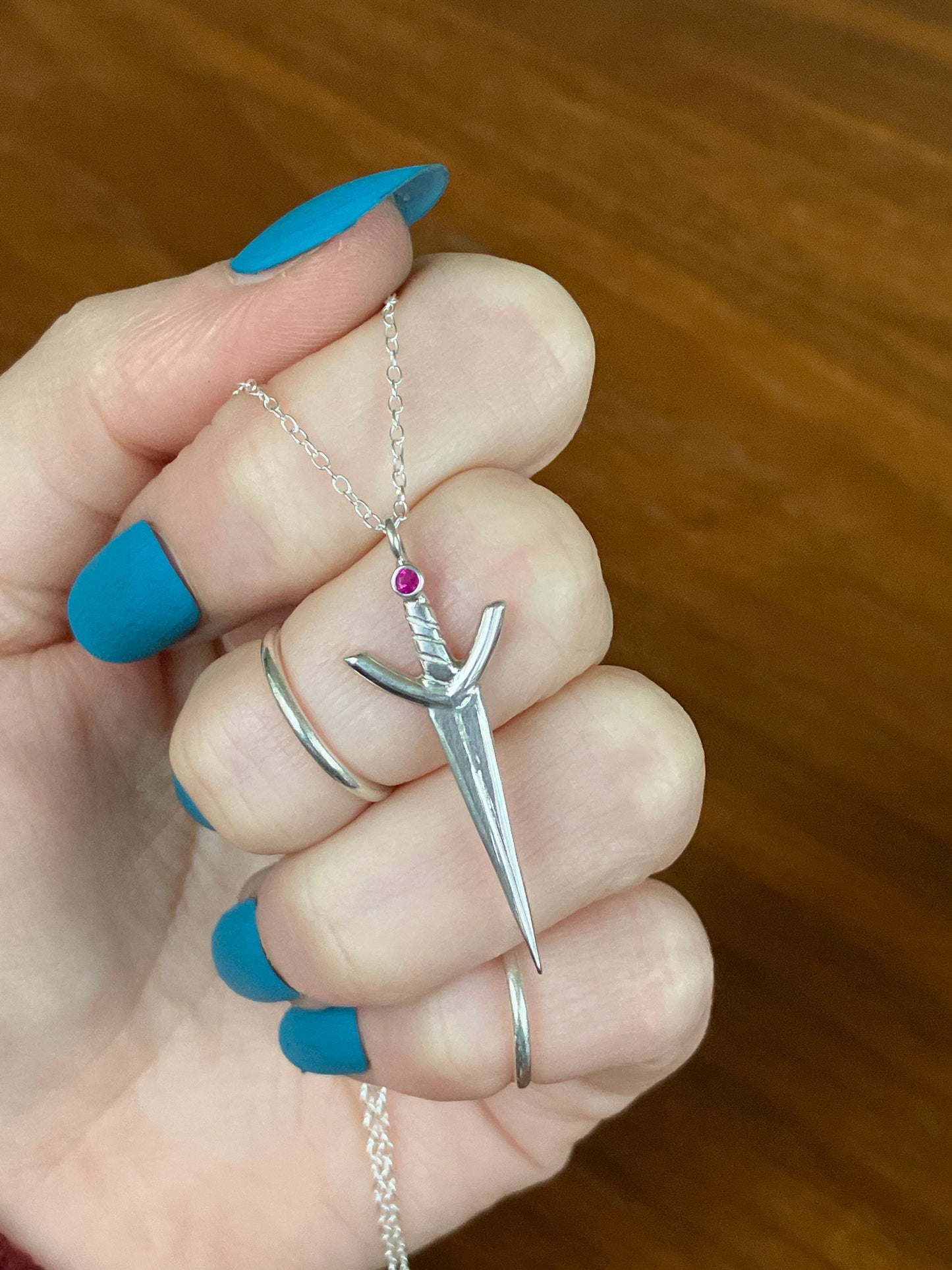 Sterling Silver and Ruby Sword Pendant Necklace