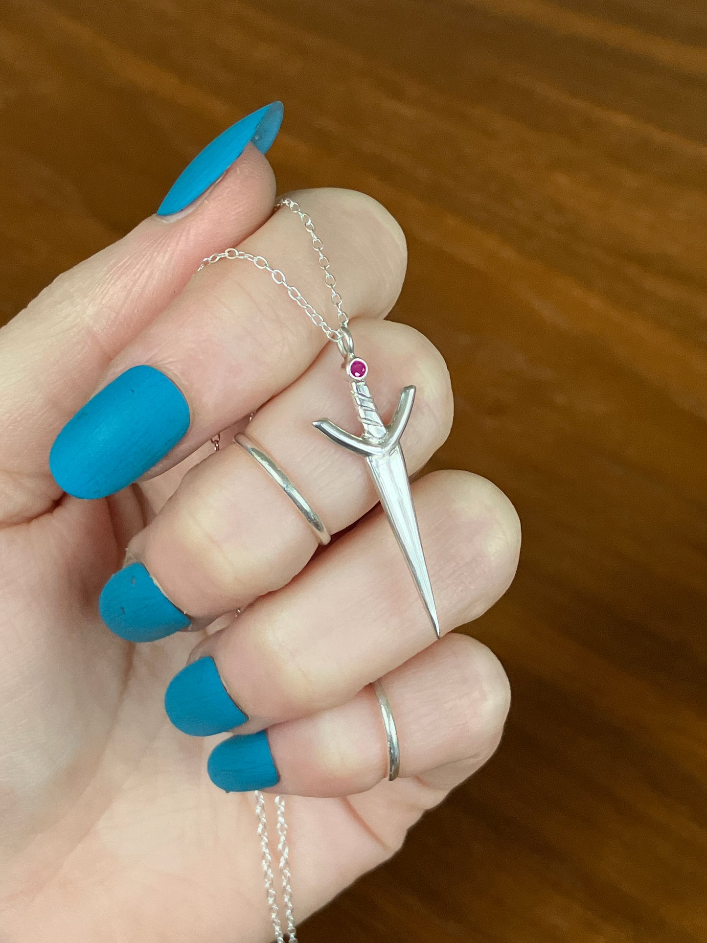 Sterling Silver and Ruby Sword Pendant Necklace