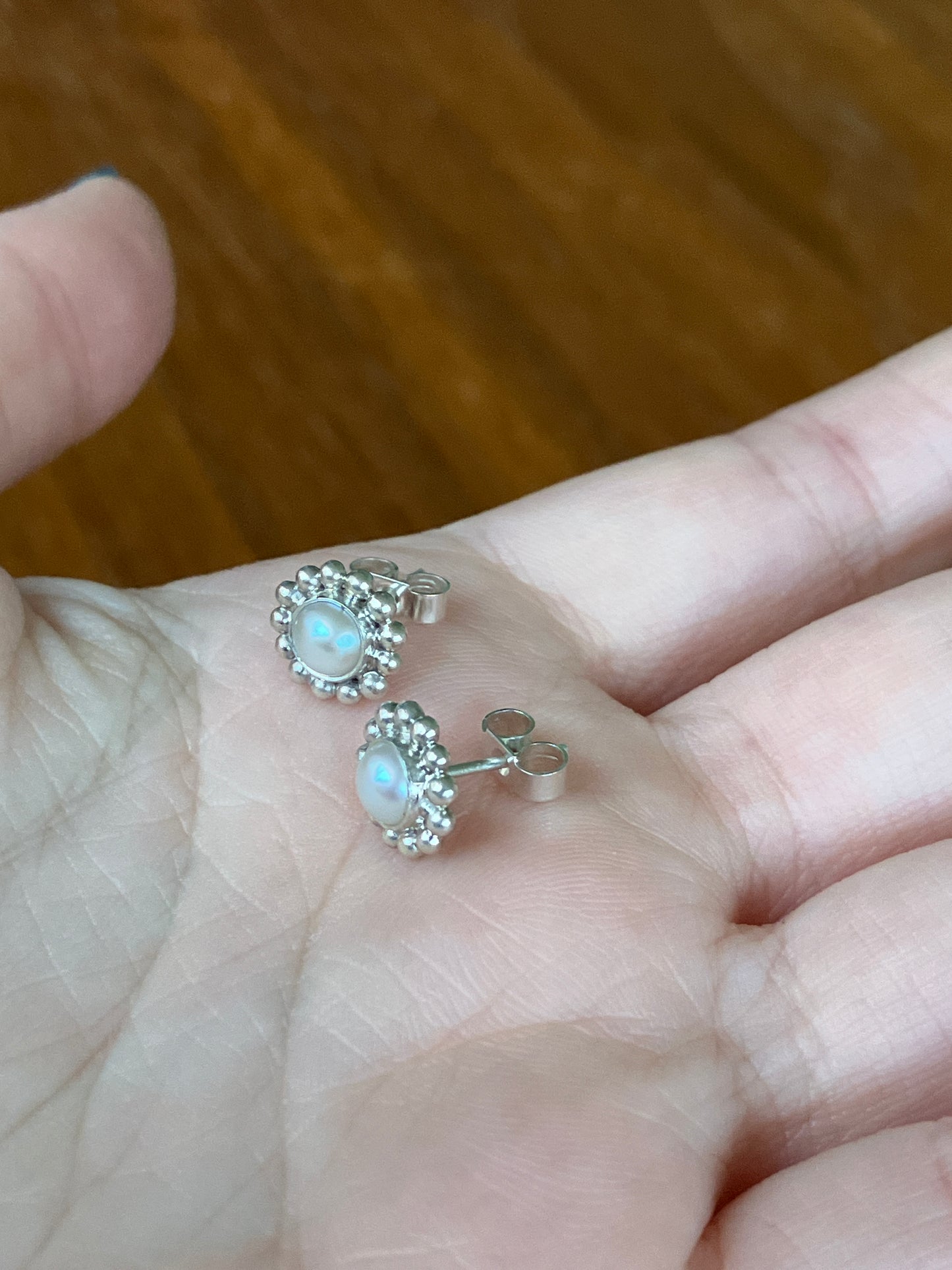 Freshwater Pearl and Sterling Silver Stud Earrings with Granulation Detail