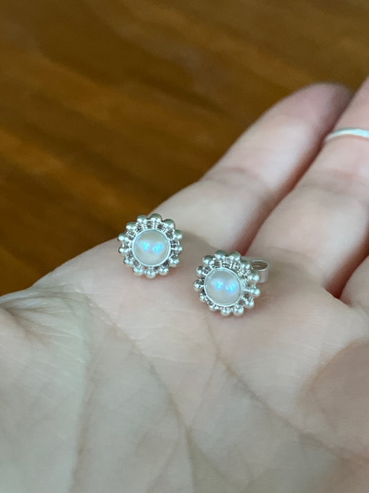 Freshwater Pearl and Sterling Silver Stud Earrings with Granulation Detail