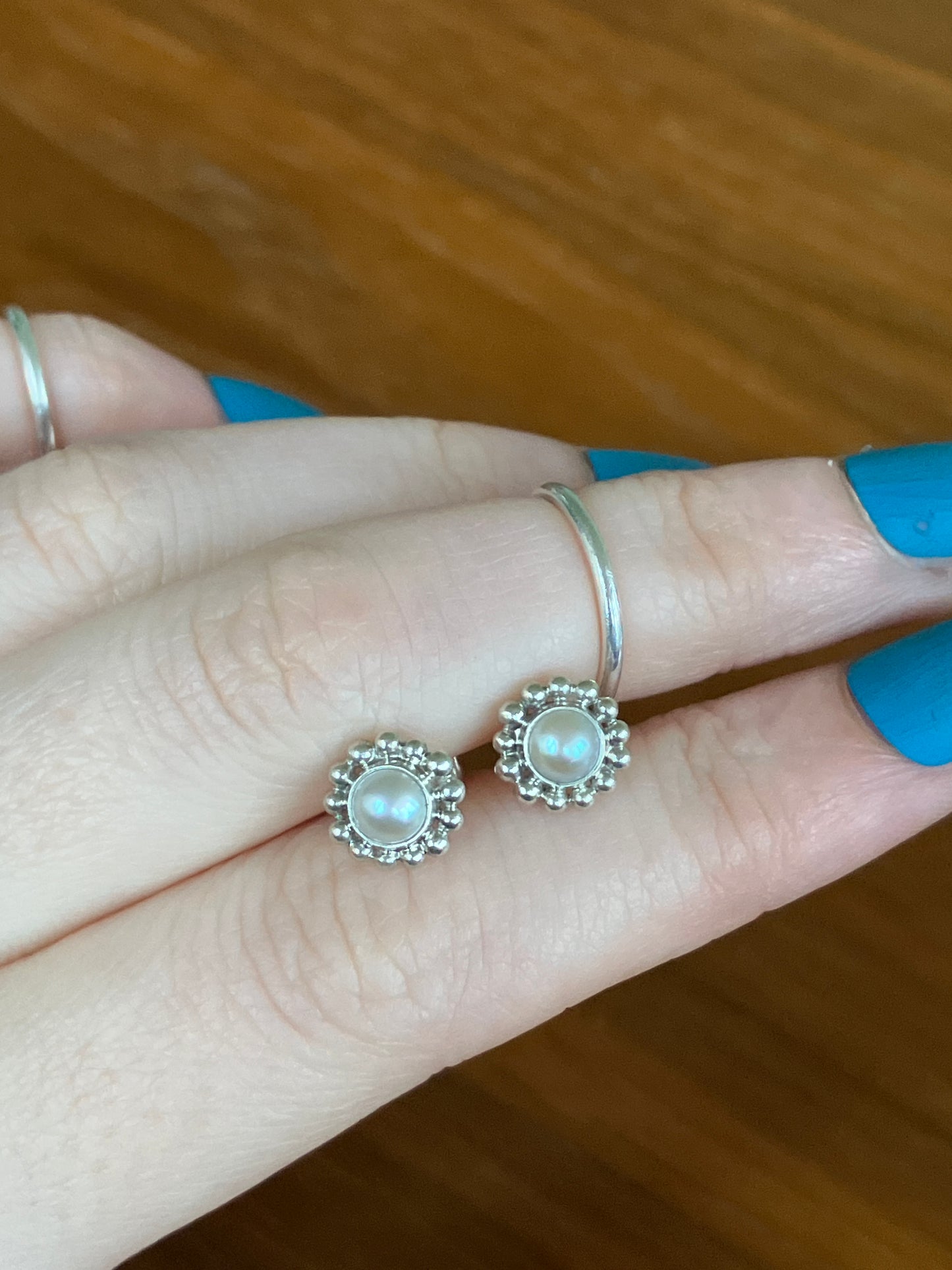 Freshwater Pearl and Sterling Silver Stud Earrings with Granulation Detail