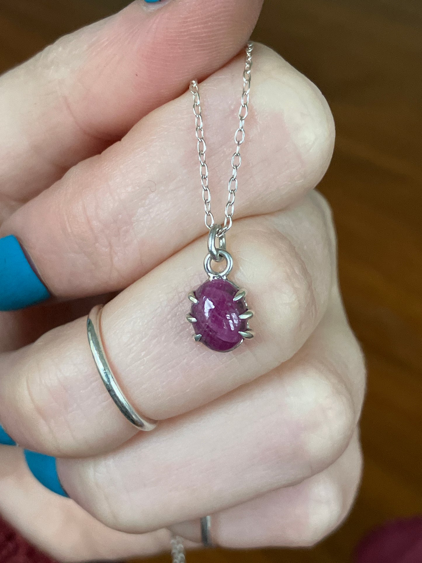 Ruby and Sterling Silver Claw Pendant Necklace