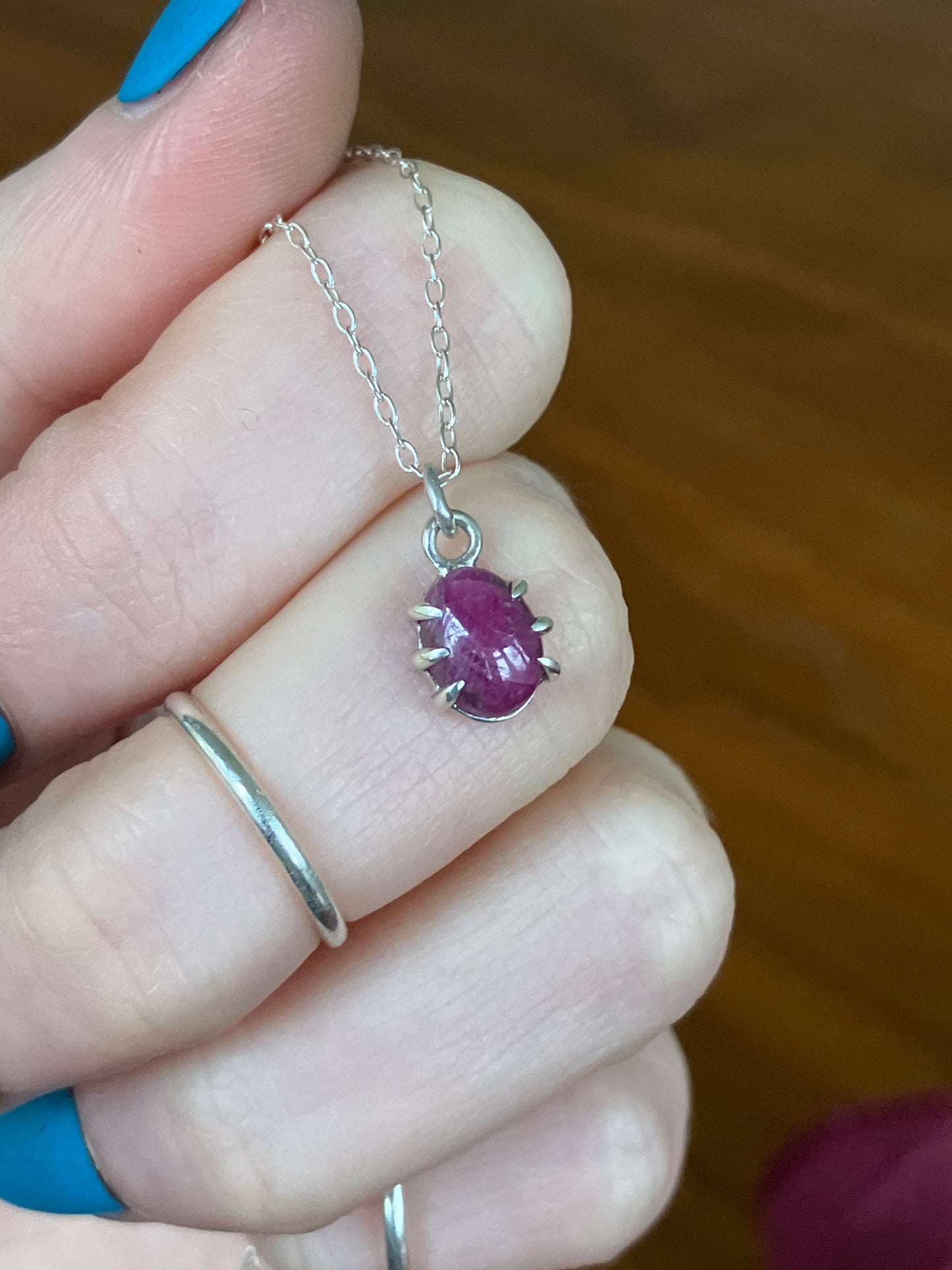 Ruby and Sterling Silver Claw Pendant Necklace