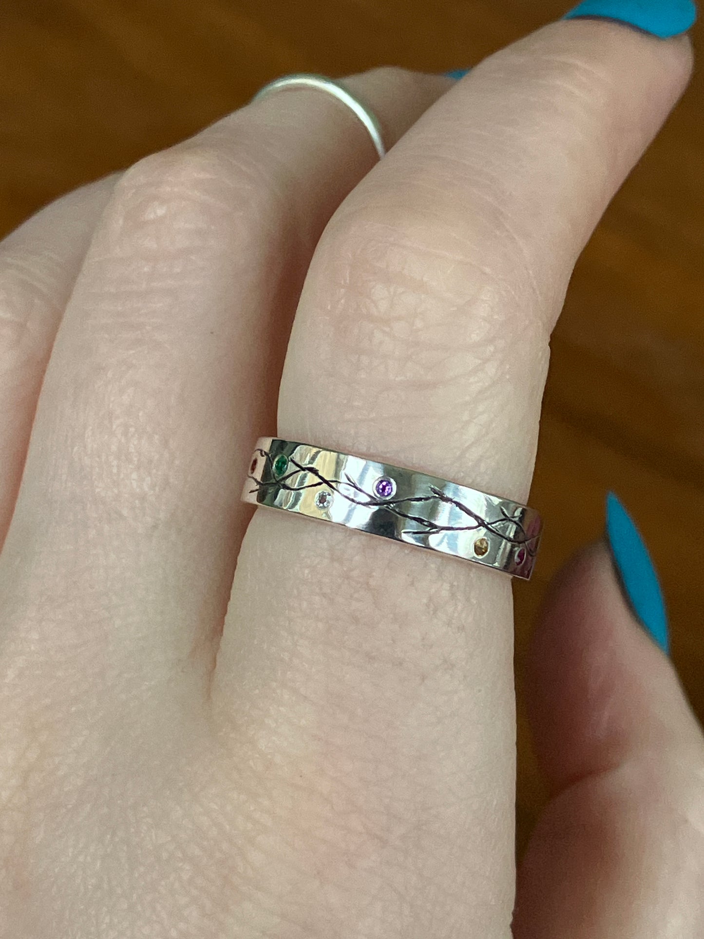 Amethyst, Ruby, Emerald, Sapphire, Citrine, Topaz, Garnet and Sterling Silver Vine Flower Ring Band