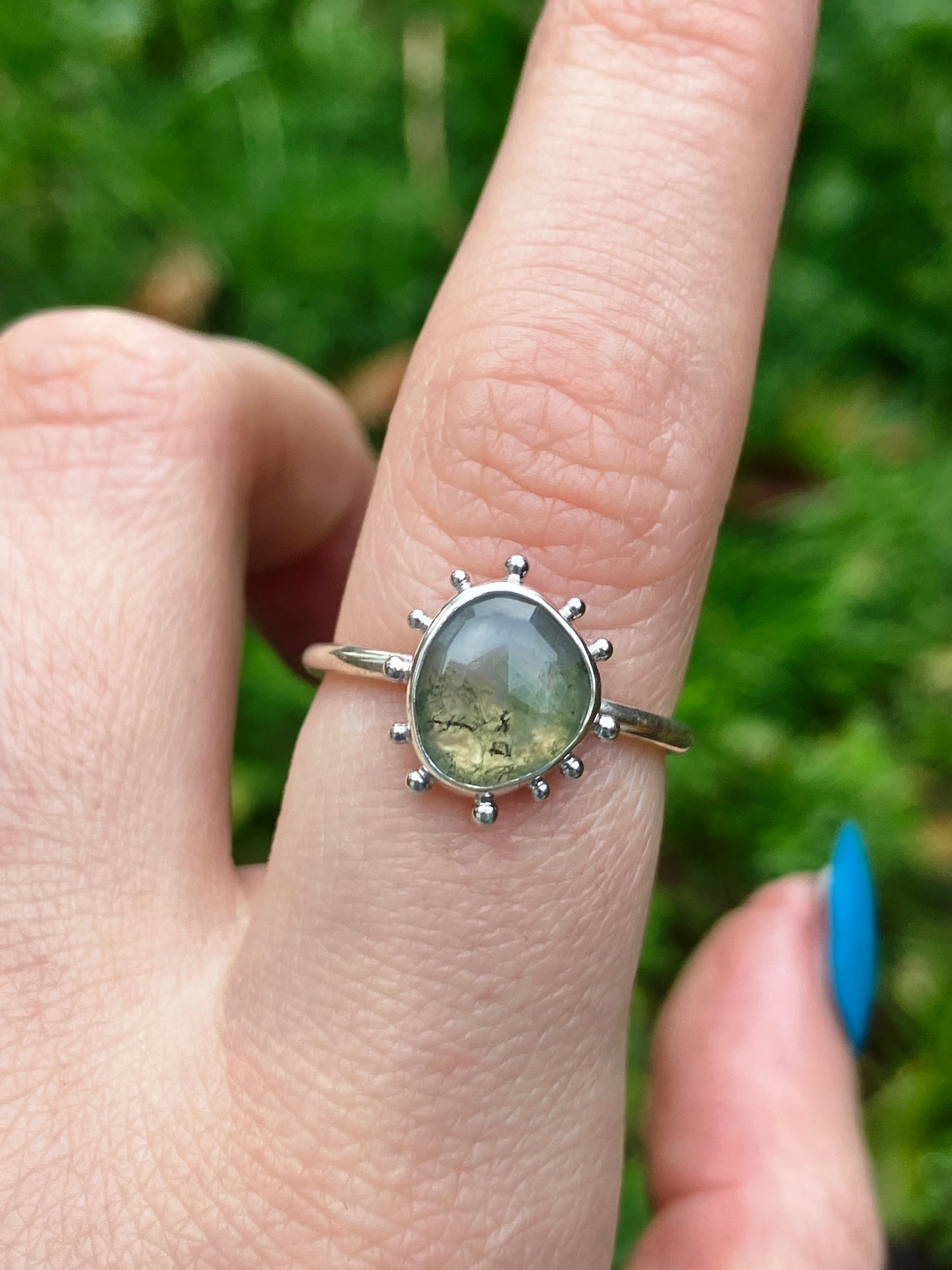 Moss Agate and Recycled Sterling Silver Ring with Granulation Detail - UK Size N