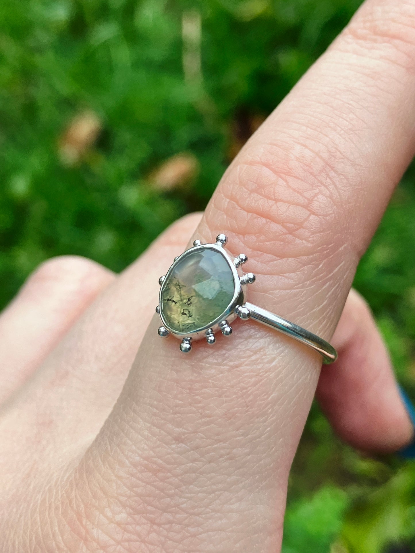 Moss Agate and Recycled Sterling Silver Ring with Granulation Detail - UK Size N
