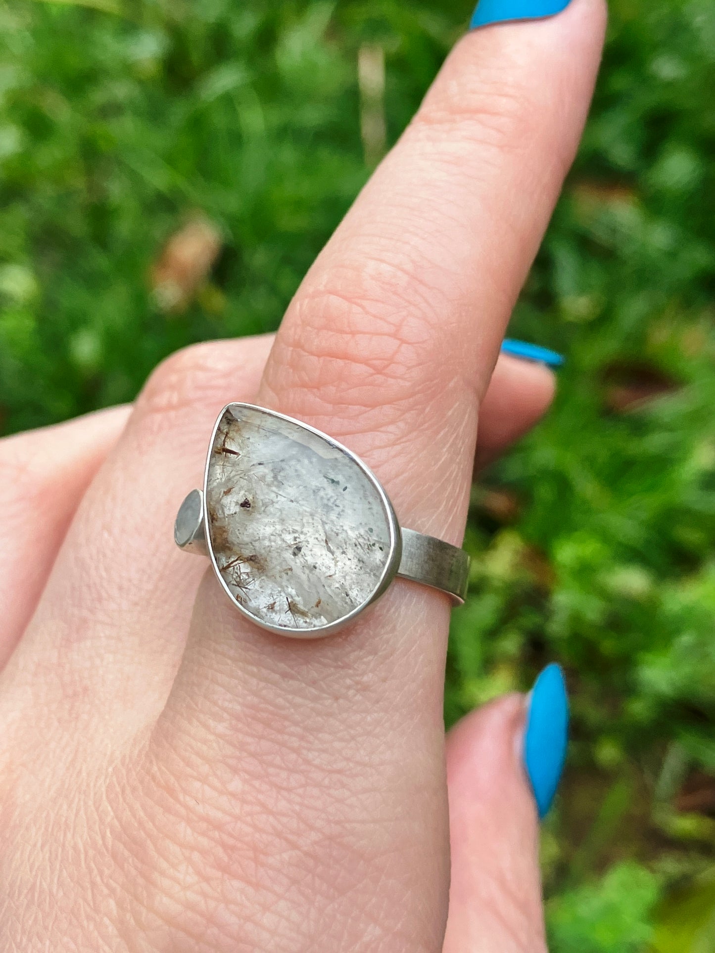 Rutilated Quartz, Rainbow Moonstone and Sterling Silver Ring - UK Size Q