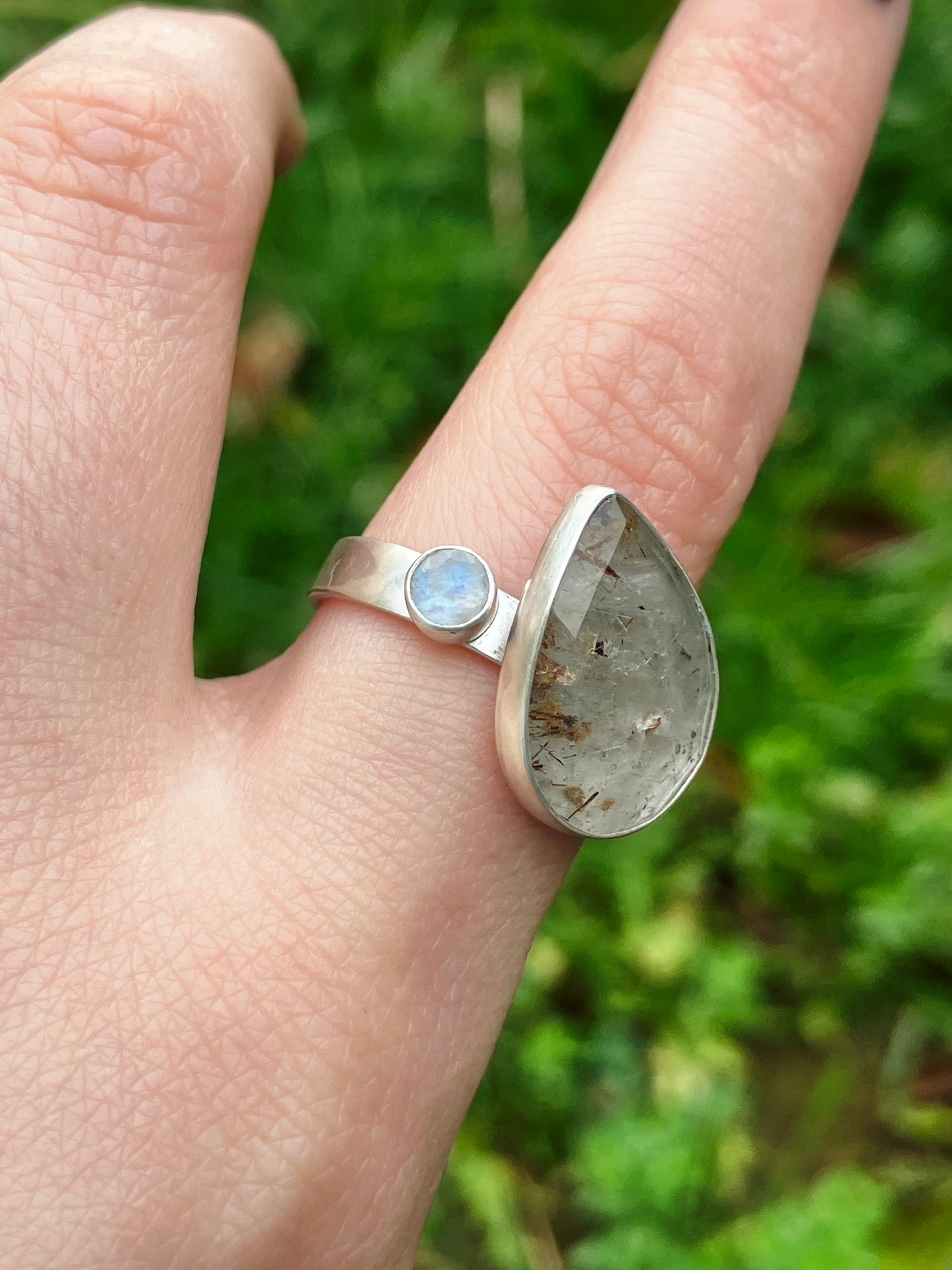 Rutilated Quartz, Rainbow Moonstone and Sterling Silver Ring - UK Size Q
