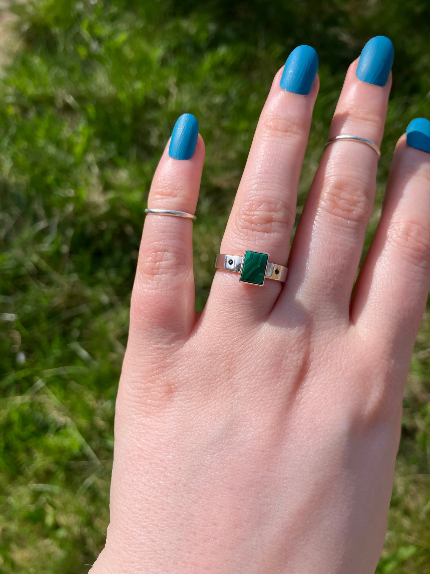 Malachite, Black Sapphire and Sterling Silver Ring - UK Size M/US Size 6.75