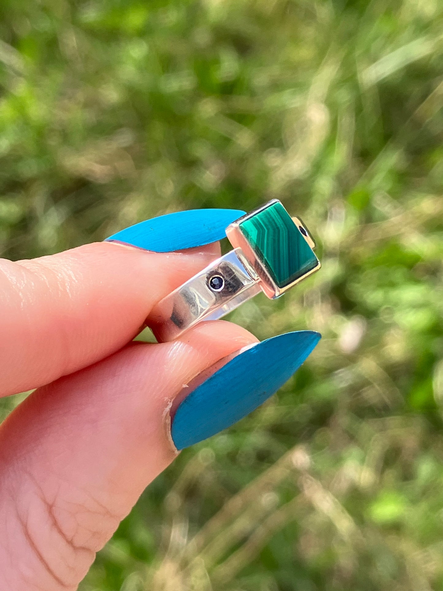 Malachite, Black Sapphire and Sterling Silver Ring - UK Size M/US Size 6.75