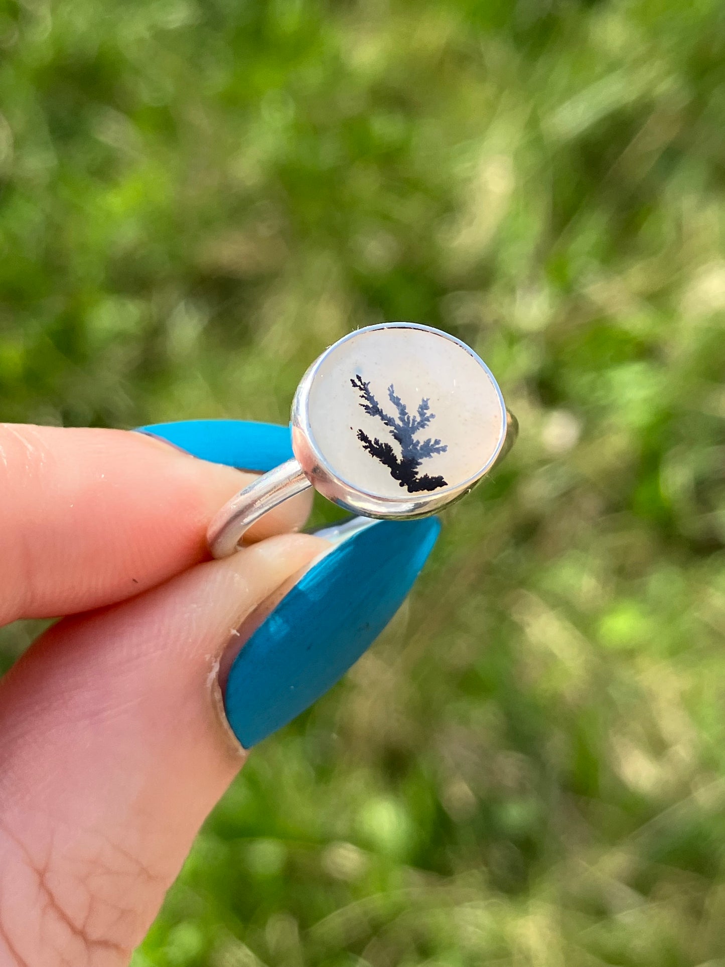 Dendritic Agate and Sterling Silver Statement Ring - UK Size M/US Size 6.75