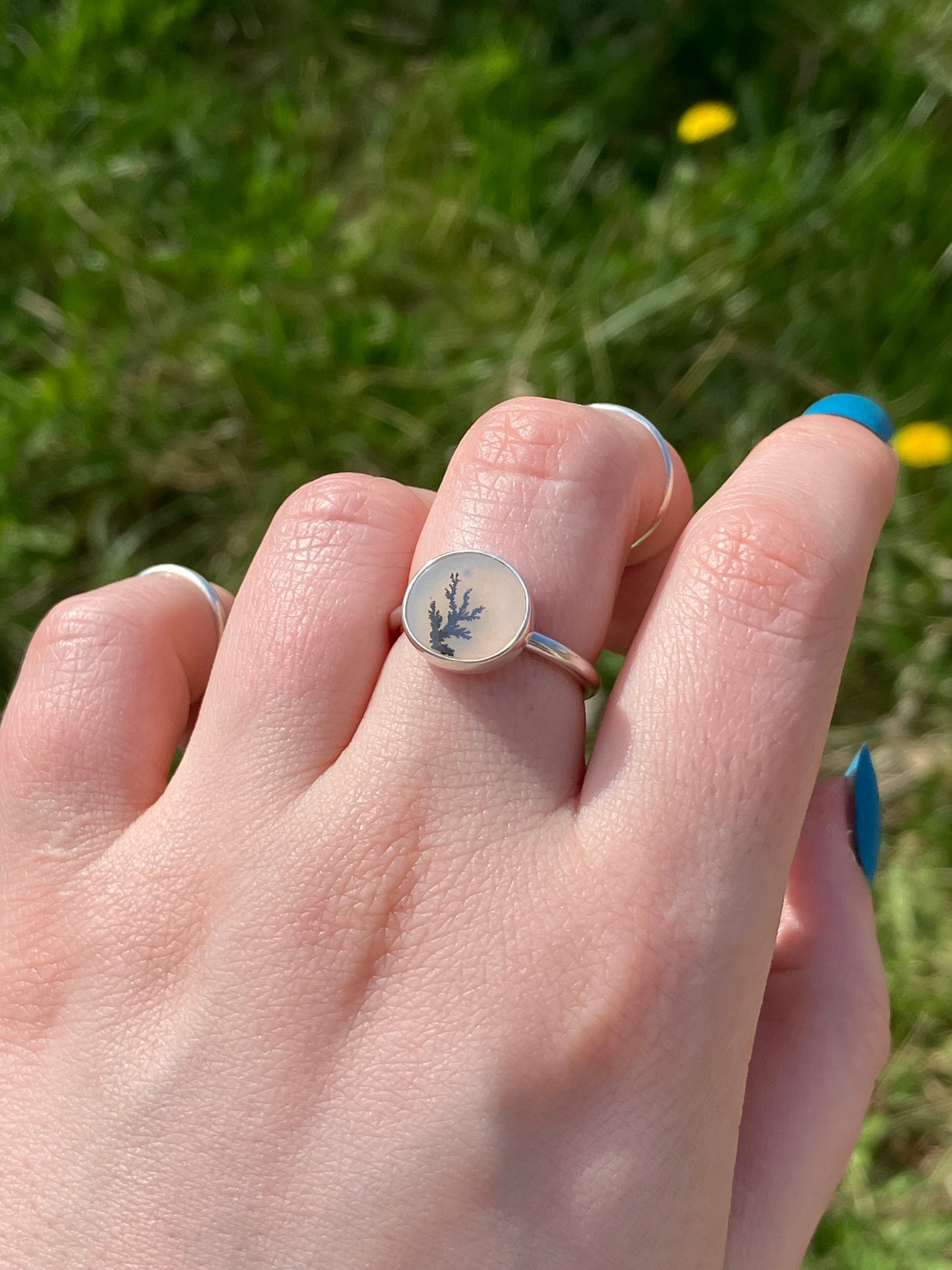 Dendritic Agate and Sterling Silver Statement Ring - UK Size M/US Size 6.75