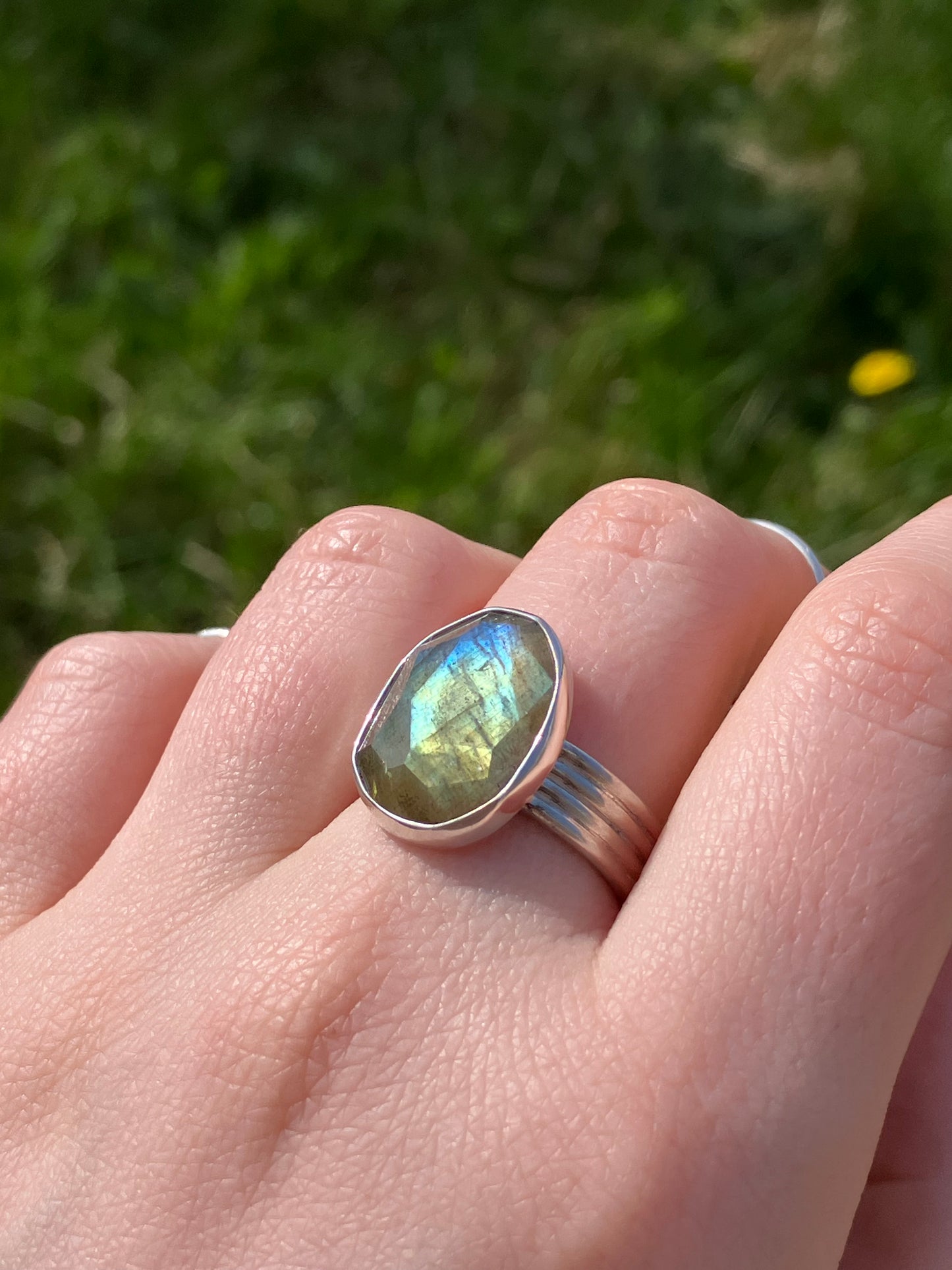 Labradorite and Sterling Silver Statement Ring - UK Size P/US Size 8