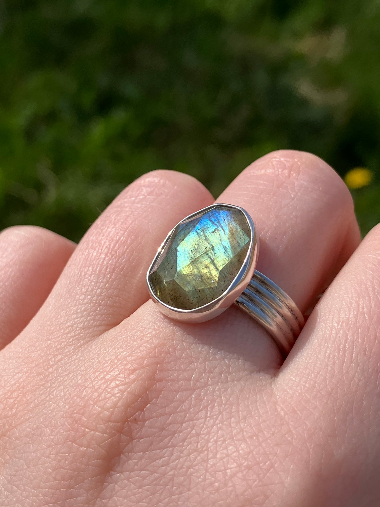 Labradorite and Sterling Silver Statement Ring - UK Size P/US Size 8