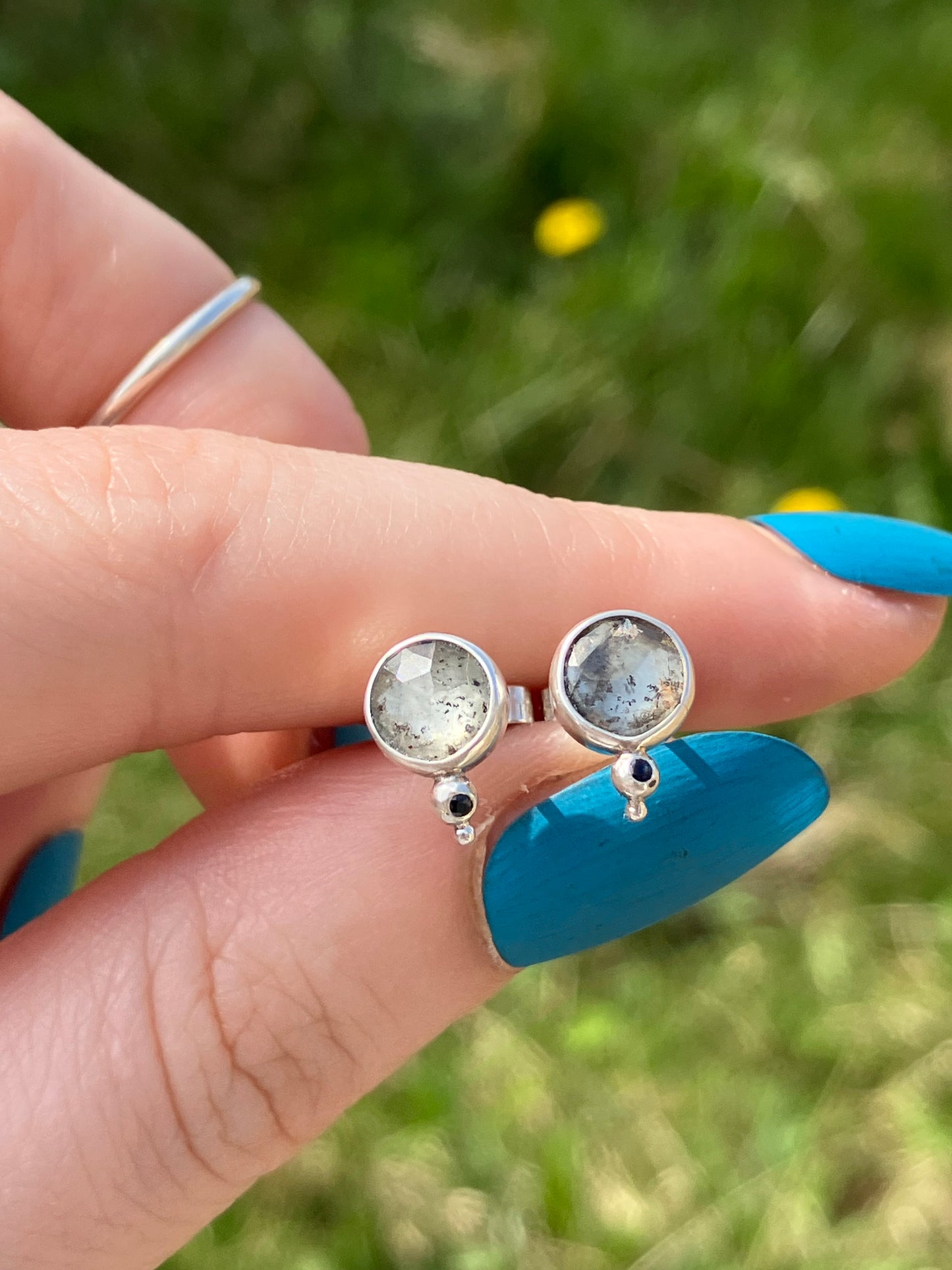 Moss Aquamarine, Black Sapphire and Sterling Silver Stud Earrings with Granulation Detail