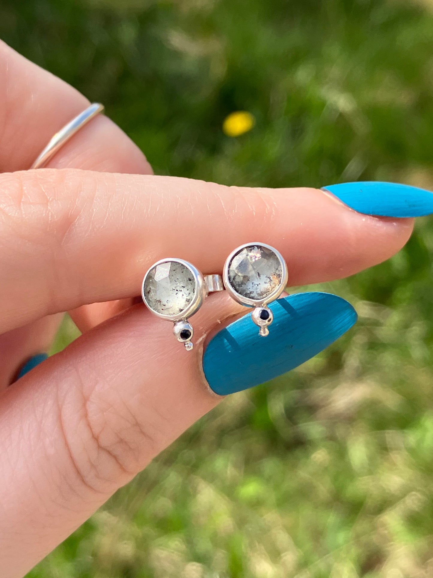 Moss Aquamarine, Black Sapphire and Sterling Silver Stud Earrings with Granulation Detail