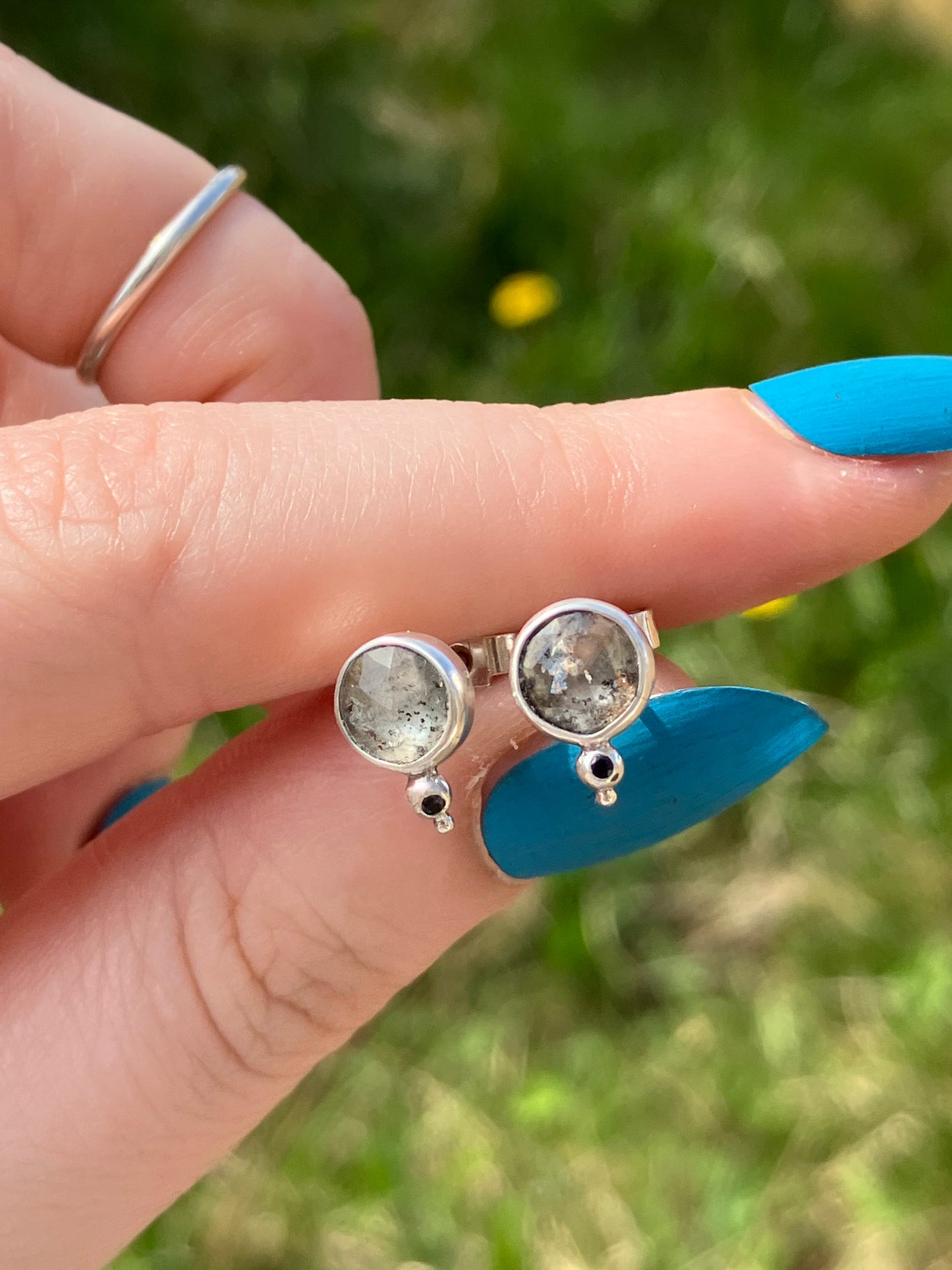 Moss Aquamarine, Black Sapphire and Sterling Silver Stud Earrings with Granulation Detail