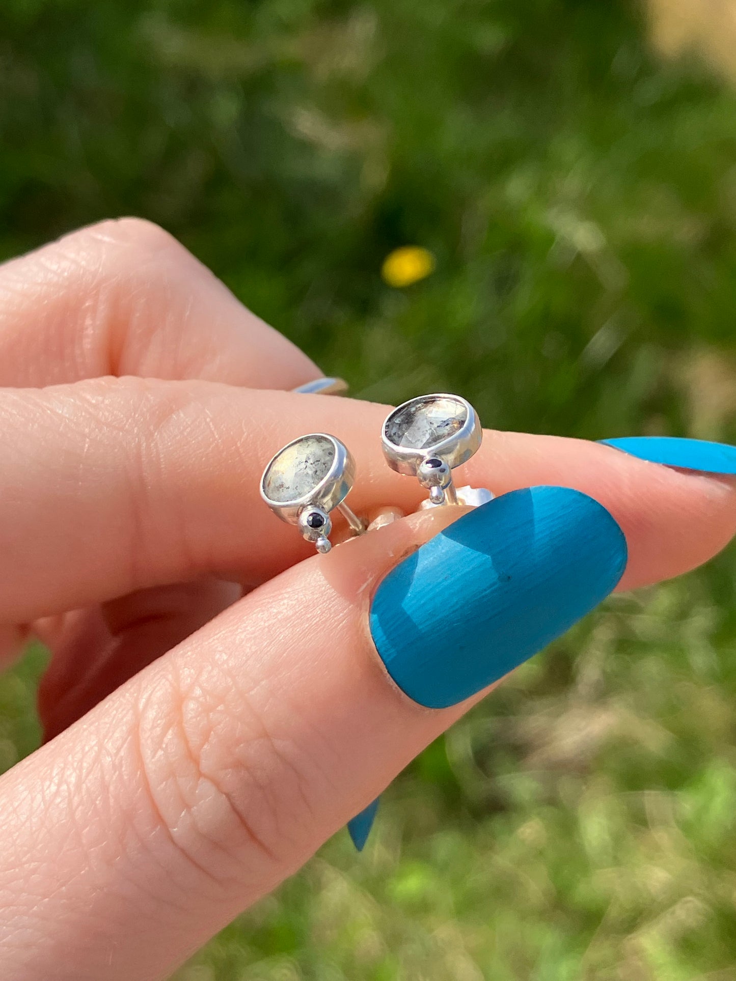 Moss Aquamarine, Black Sapphire and Sterling Silver Stud Earrings with Granulation Detail