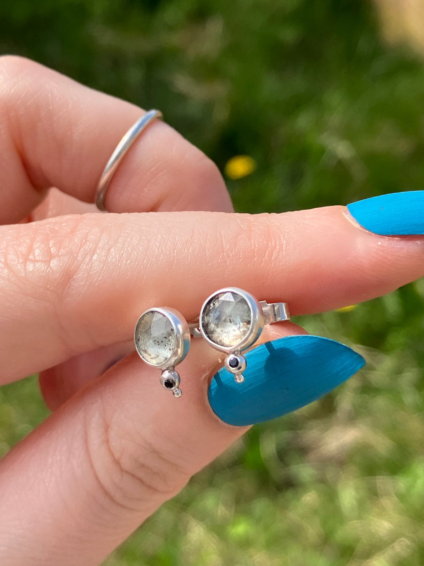 Moss Aquamarine, Black Sapphire and Sterling Silver Stud Earrings with Granulation Detail