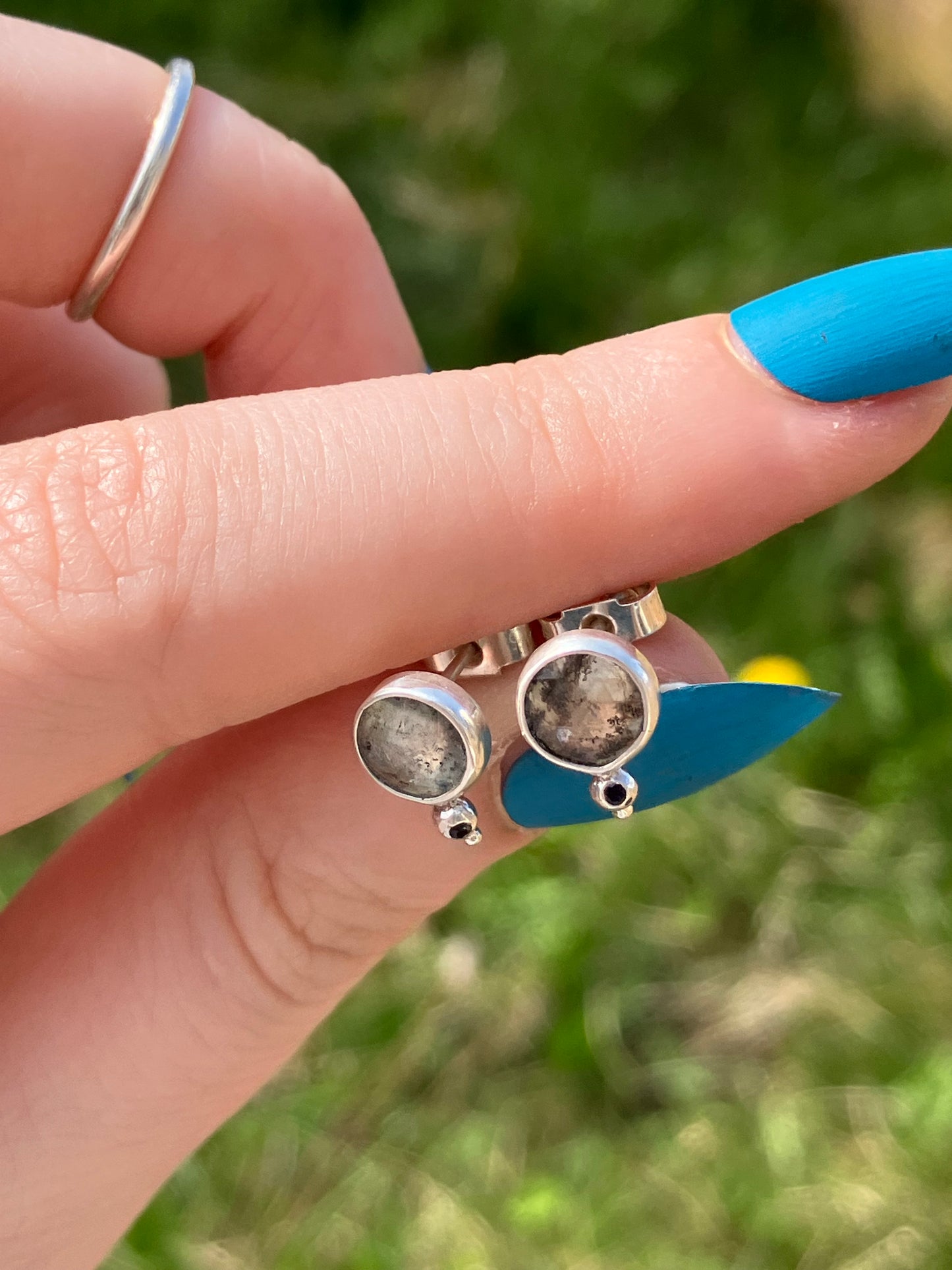 Moss Aquamarine, Black Sapphire and Sterling Silver Stud Earrings with Granulation Detail