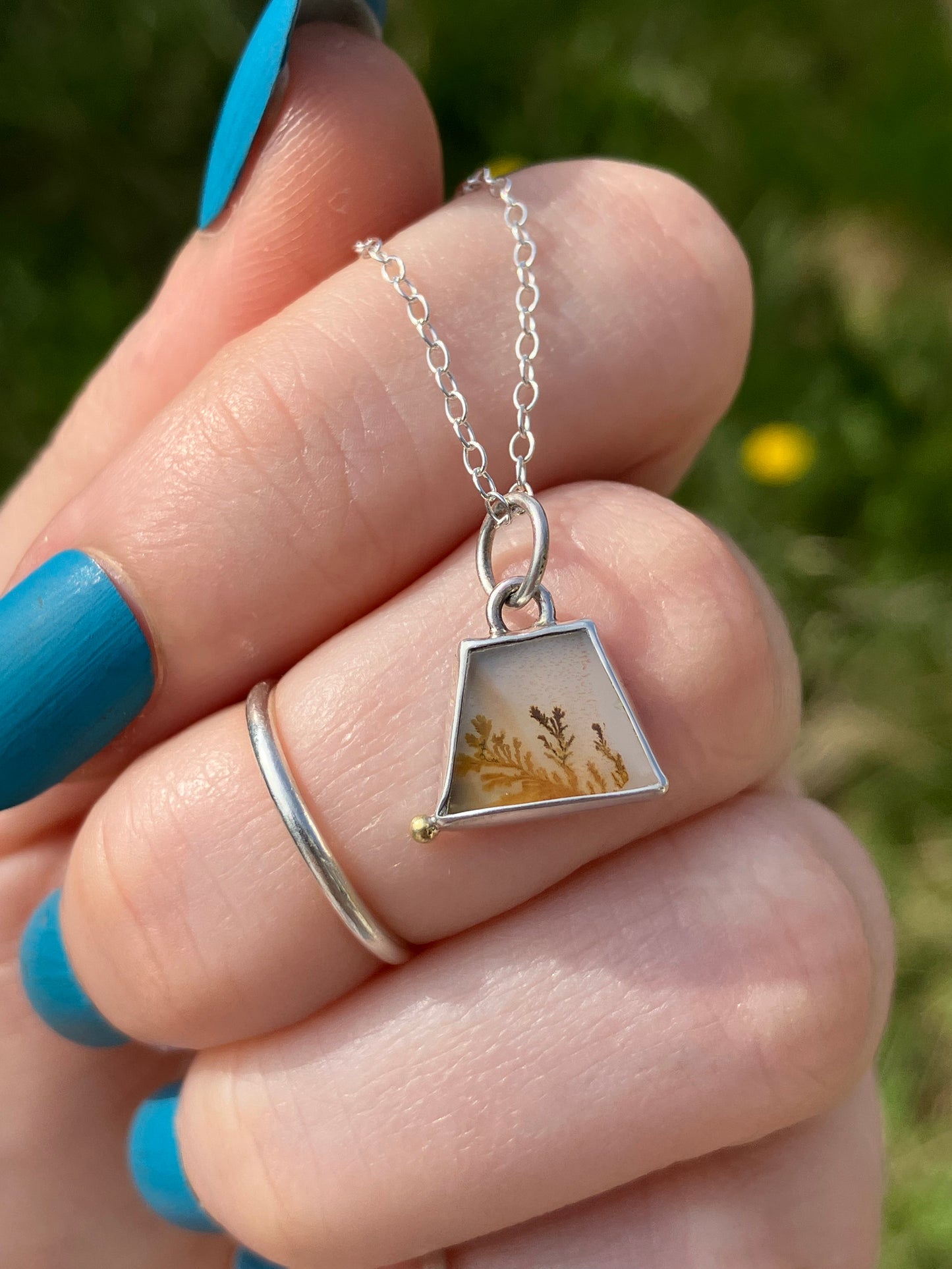 Dendritic Agate and Sterling Silver Pendant Necklace with 18ct Gold Granule on Sterling Silver Chain