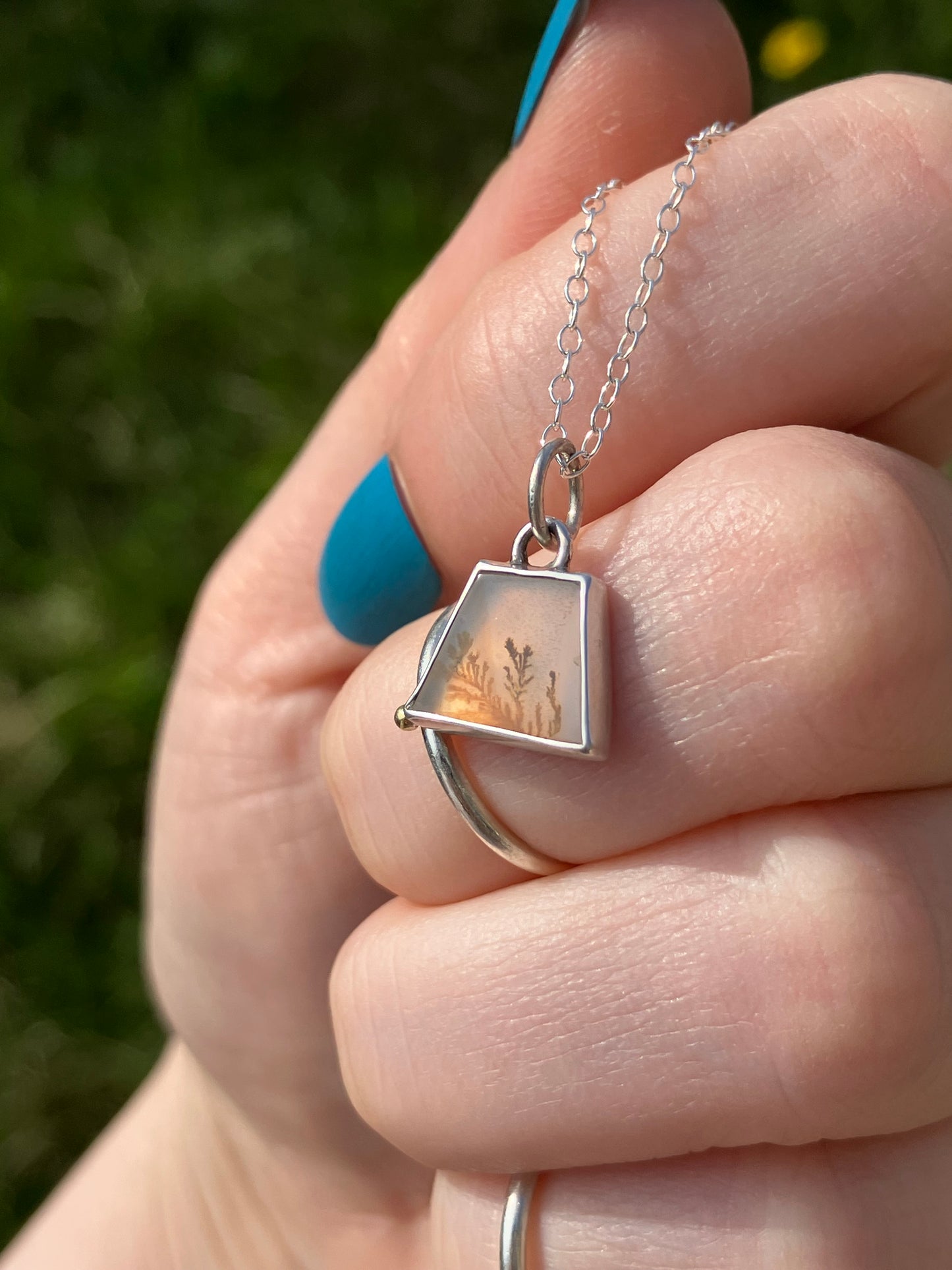 Dendritic Agate and Sterling Silver Pendant Necklace with 18ct Gold Granule on Sterling Silver Chain