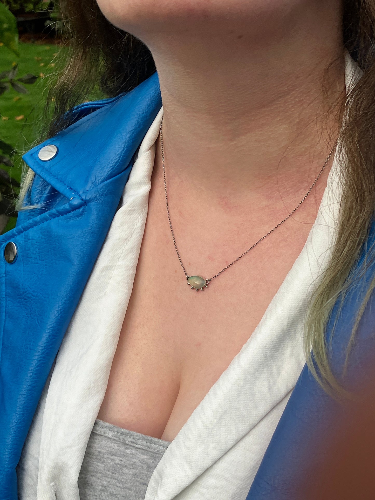 Opal and Recycled Sterling Silver Necklace with Granulation Details on Sterling Silver Chain