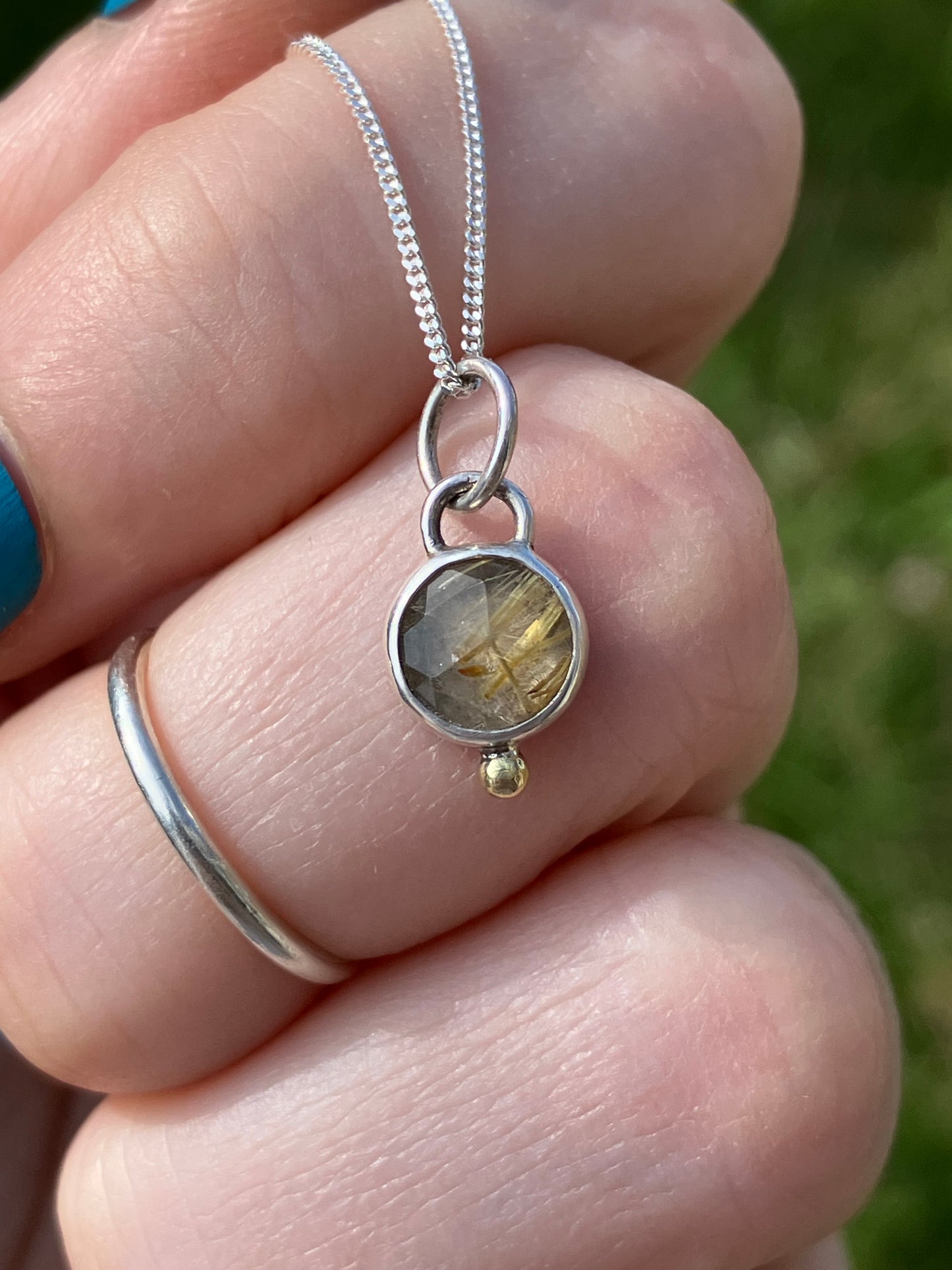 Rutilated Quartz and Sterling Silver Pendant Necklace with 18ct Gold Granule on Sterling Silver Chain