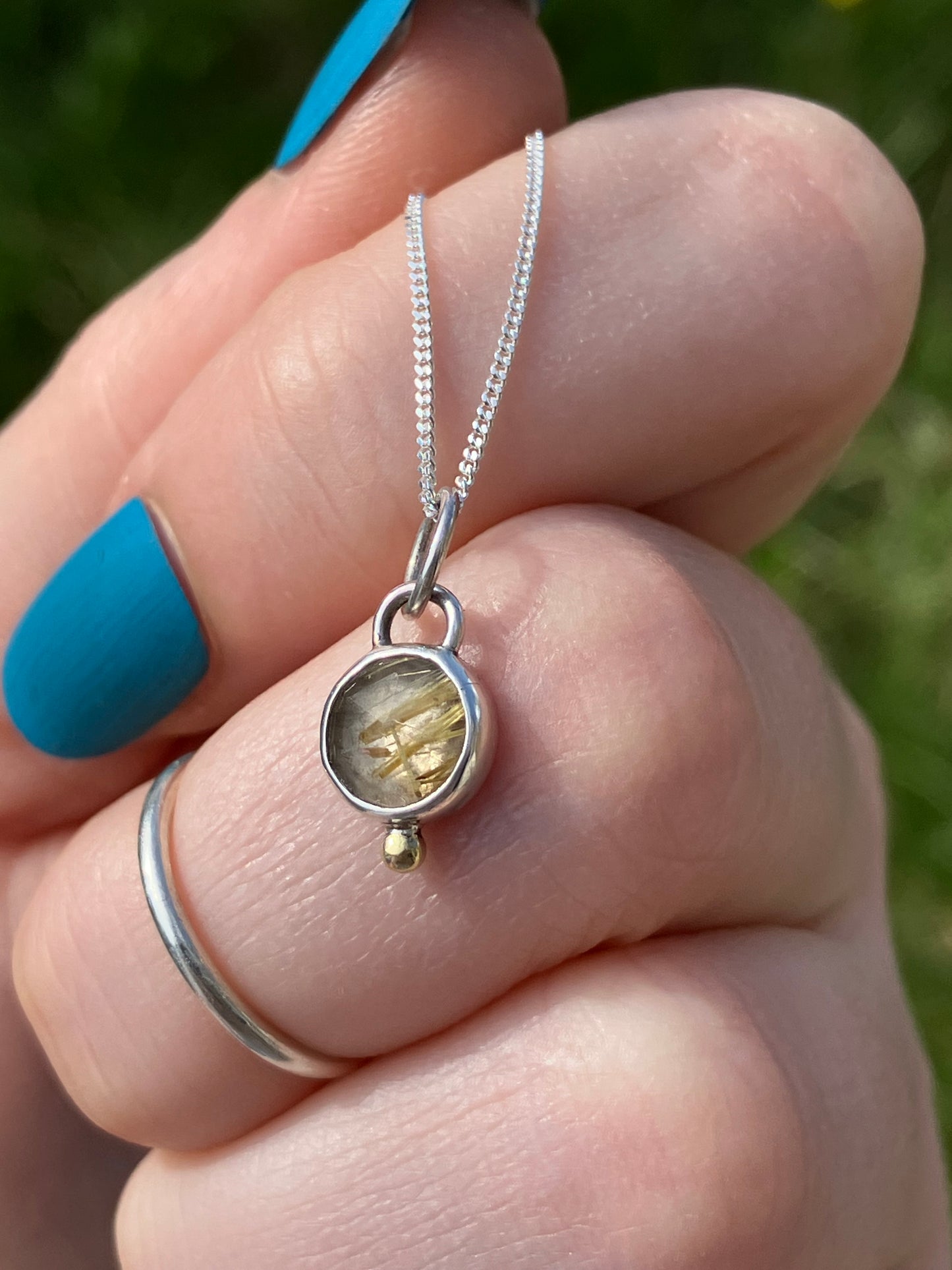 Rutilated Quartz and Sterling Silver Pendant Necklace with 18ct Gold Granule on Sterling Silver Chain