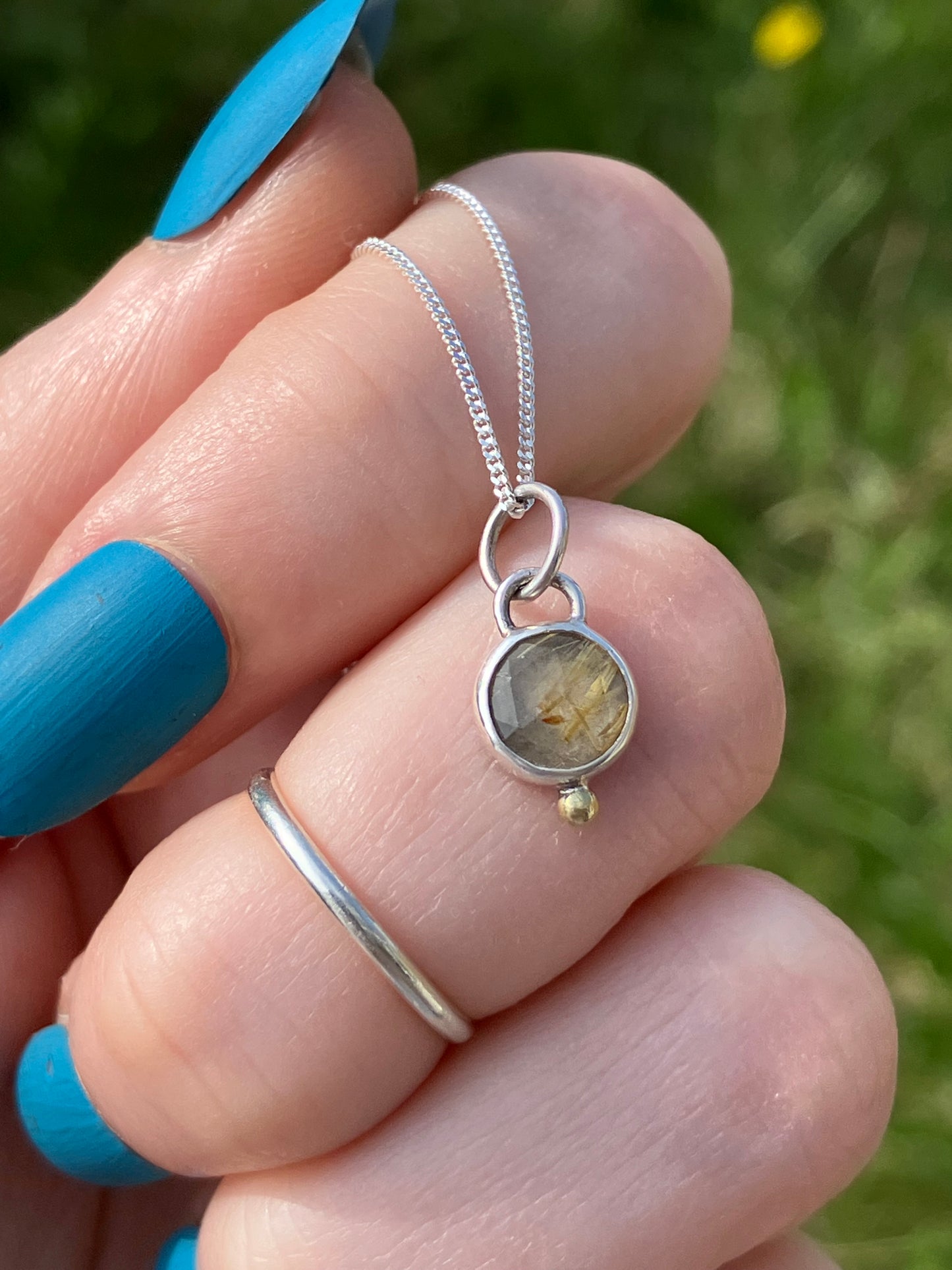 Rutilated Quartz and Sterling Silver Pendant Necklace with 18ct Gold Granule on Sterling Silver Chain