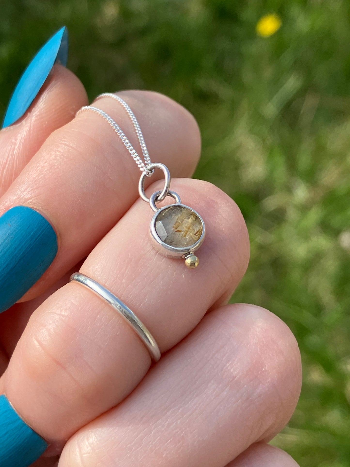 Rutilated Quartz and Sterling Silver Pendant Necklace with 18ct Gold Granule on Sterling Silver Chain