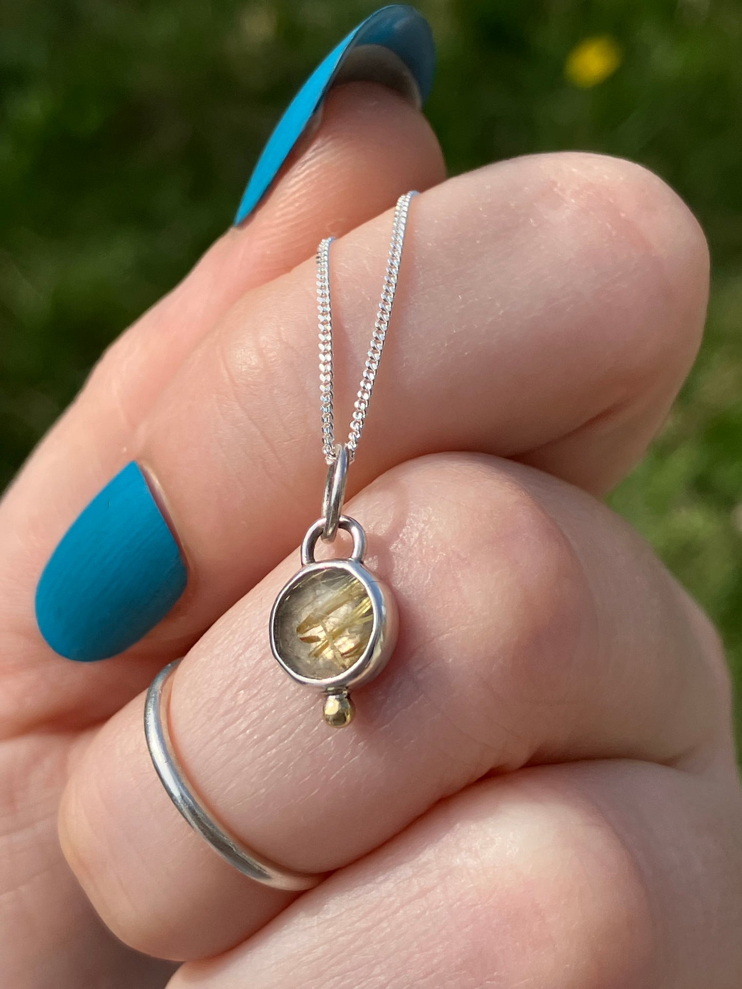 Rutilated Quartz and Sterling Silver Pendant Necklace with 18ct Gold Granule on Sterling Silver Chain