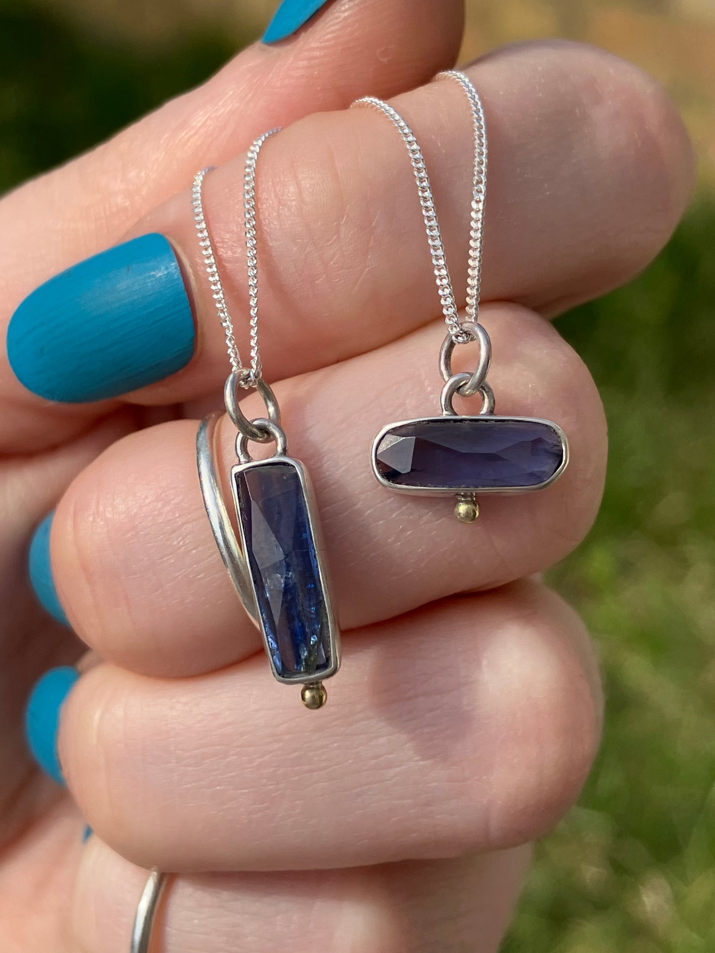 Blue Kyanite and Sterling Silver Pendant Necklaces with 18ct Gold Granules on Sterling Silver Chains
