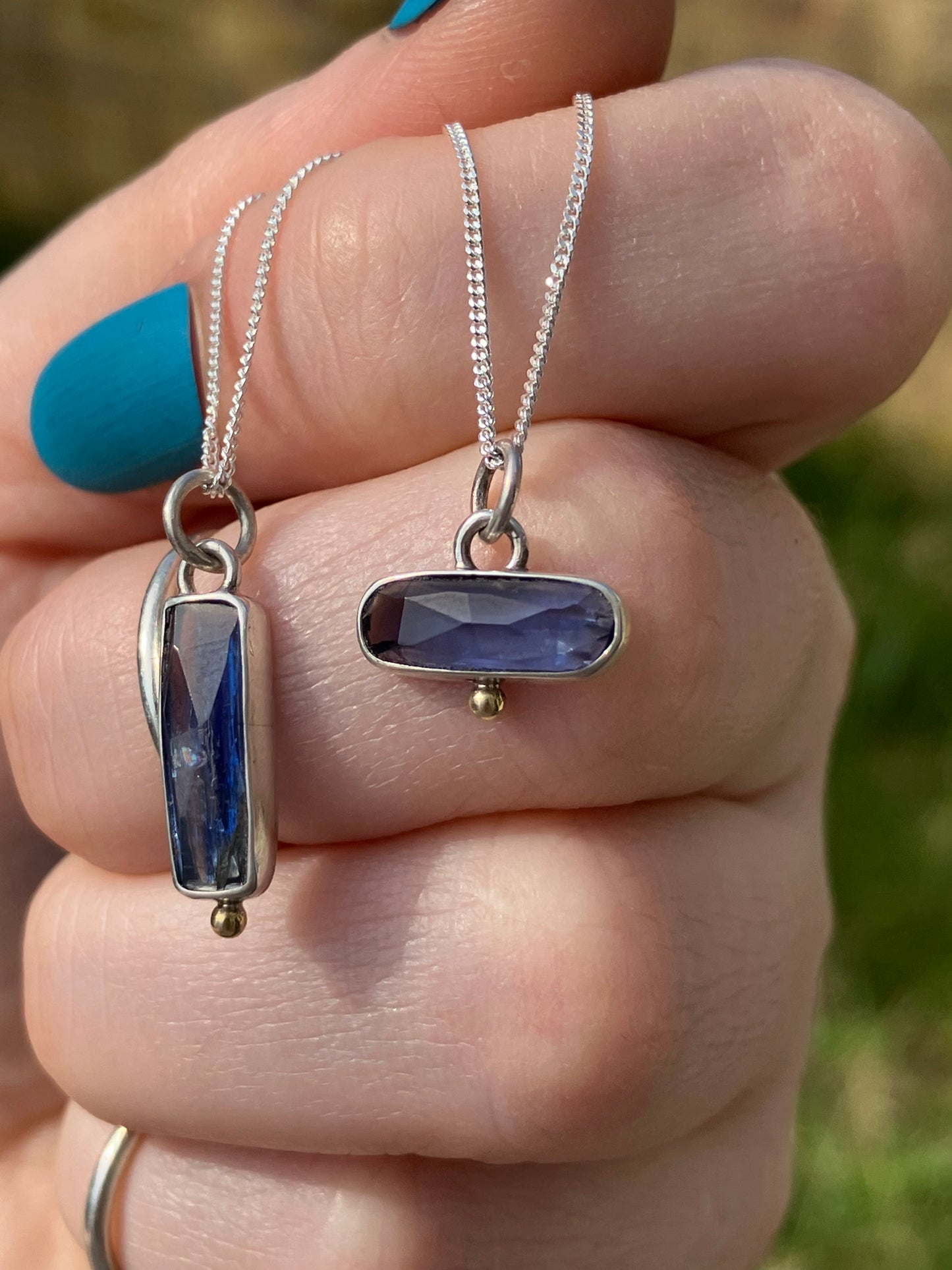 Blue Kyanite and Sterling Silver Pendant Necklaces with 18ct Gold Granules on Sterling Silver Chains