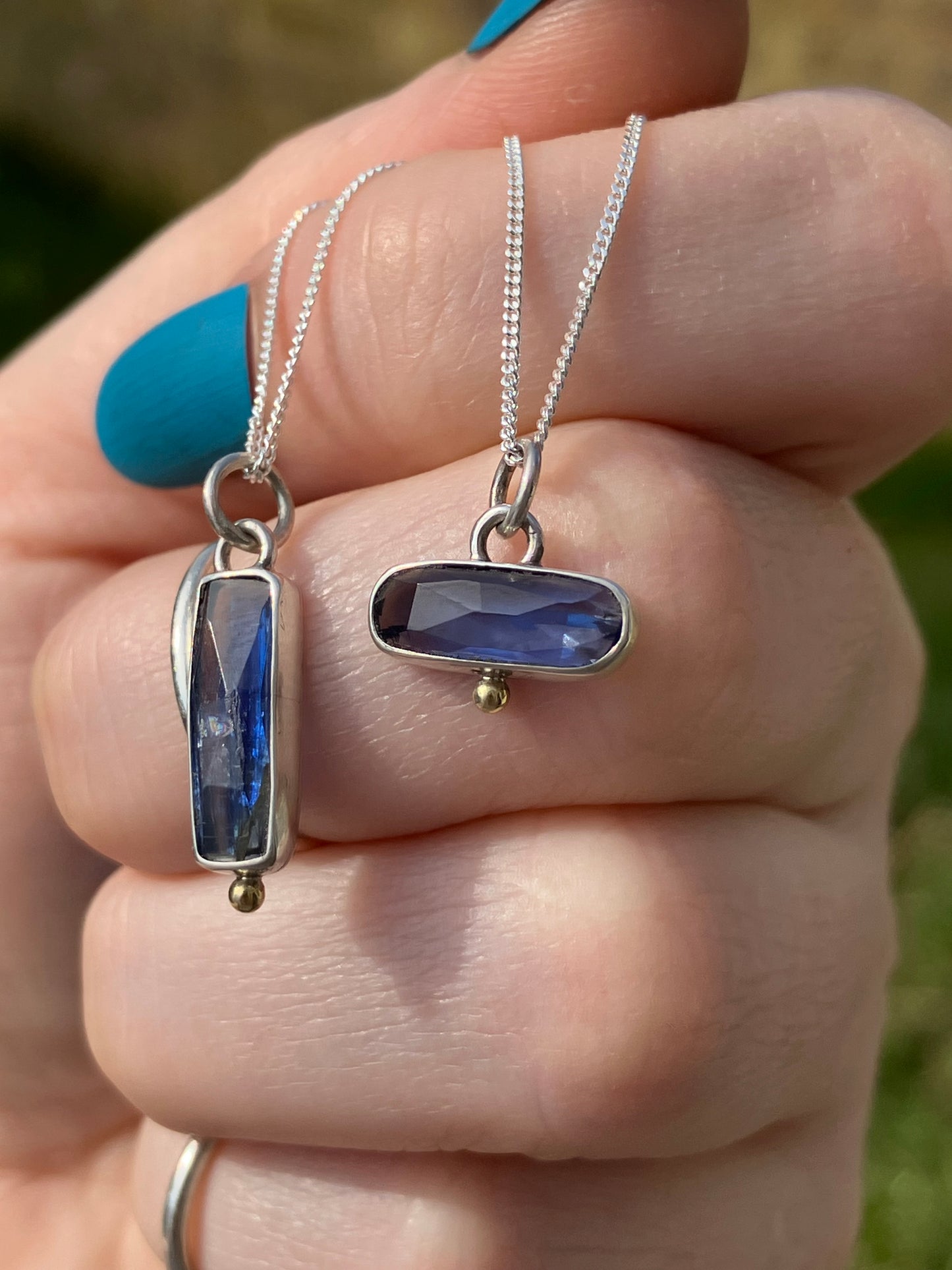 Blue Kyanite and Sterling Silver Pendant Necklaces with 18ct Gold Granules on Sterling Silver Chains