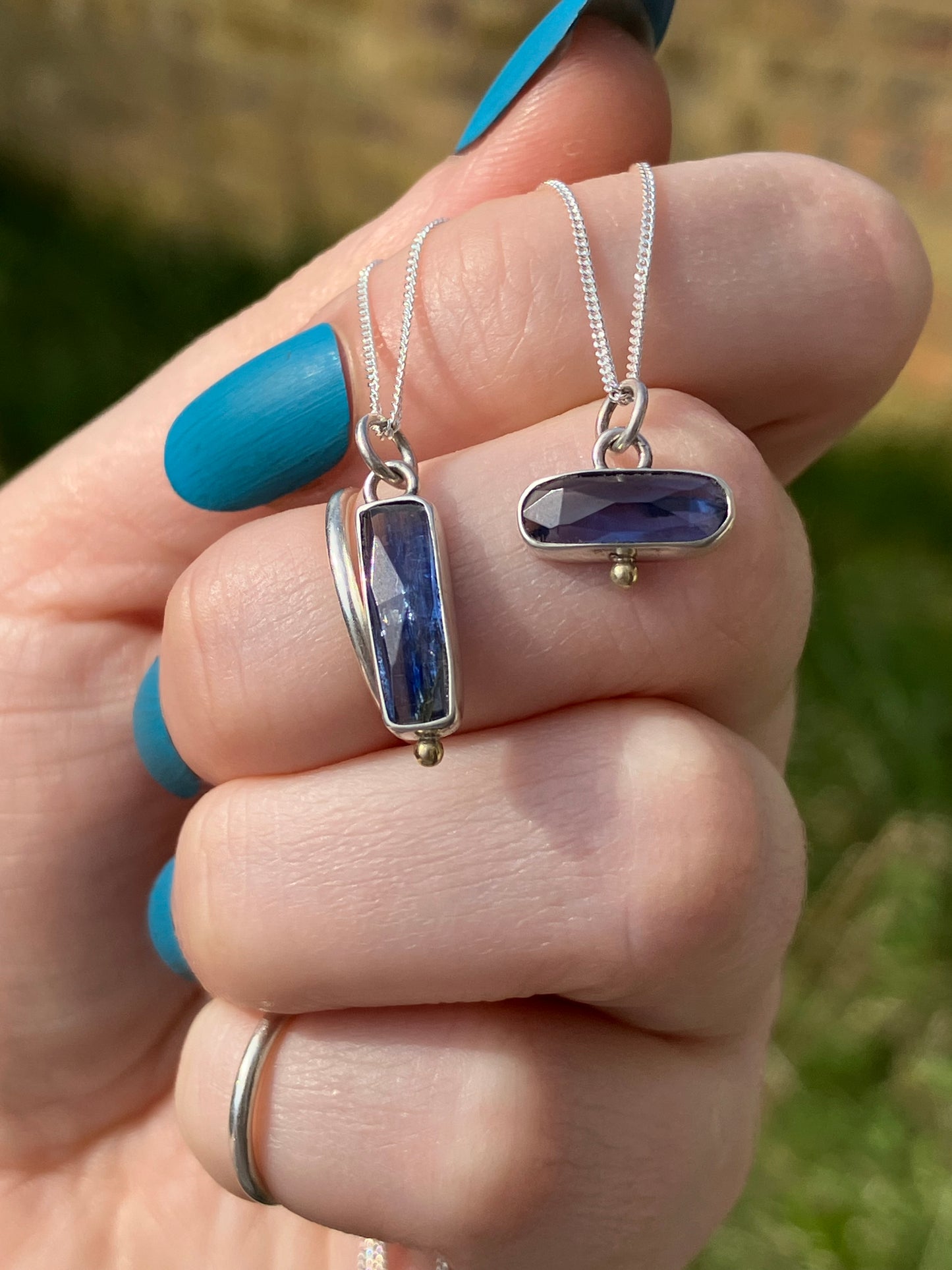 Blue Kyanite and Sterling Silver Pendant Necklaces with 18ct Gold Granules on Sterling Silver Chains