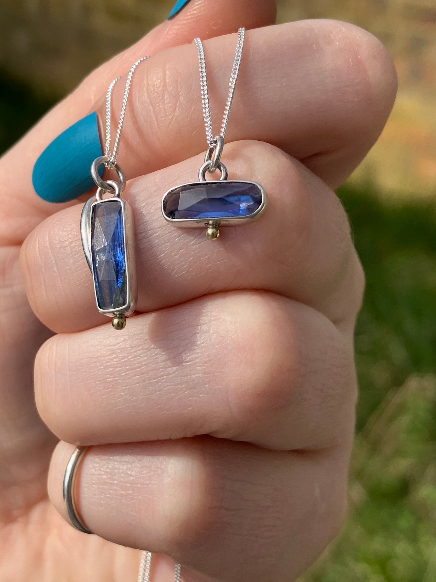 Blue Kyanite and Sterling Silver Pendant Necklaces with 18ct Gold Granules on Sterling Silver Chains
