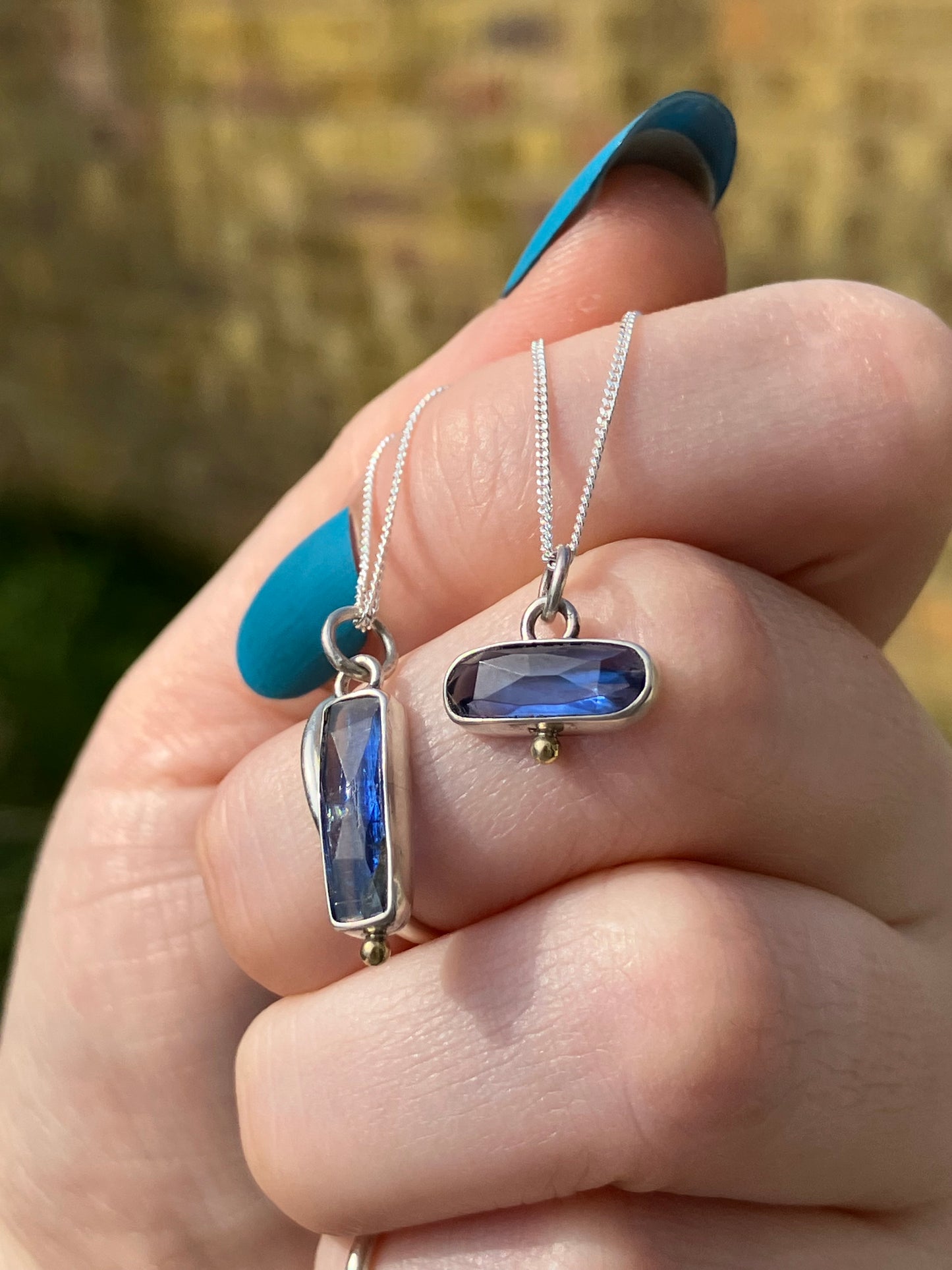 Blue Kyanite and Sterling Silver Pendant Necklaces with 18ct Gold Granules on Sterling Silver Chains