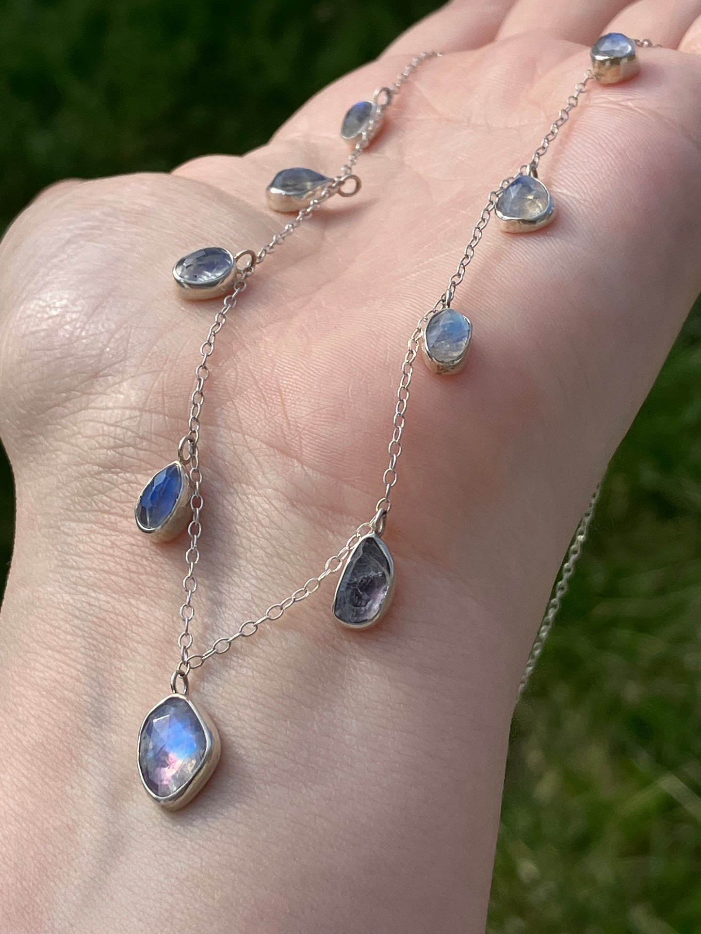 Rainbow Moonstone and Sterling Silver Necklace with Sterling Silver Chain